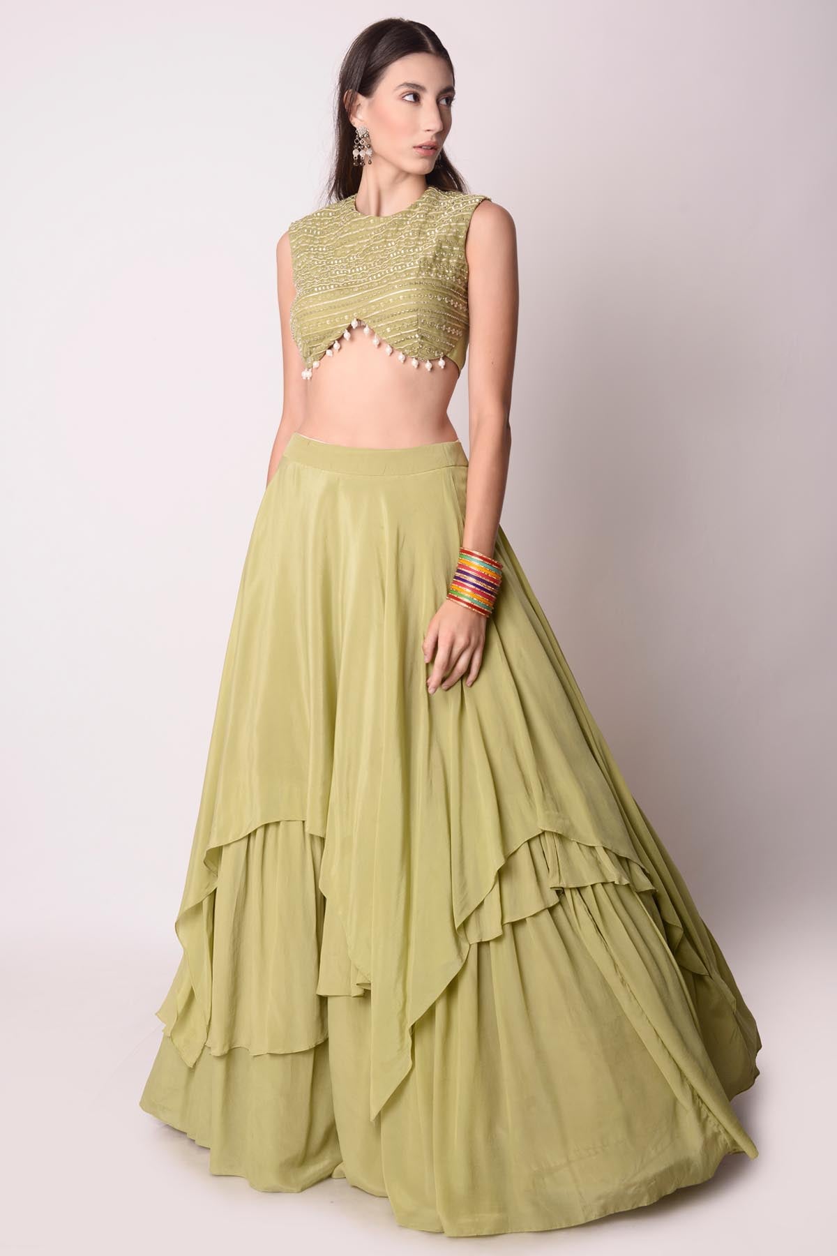 Asymmetric Green Lehenga Set