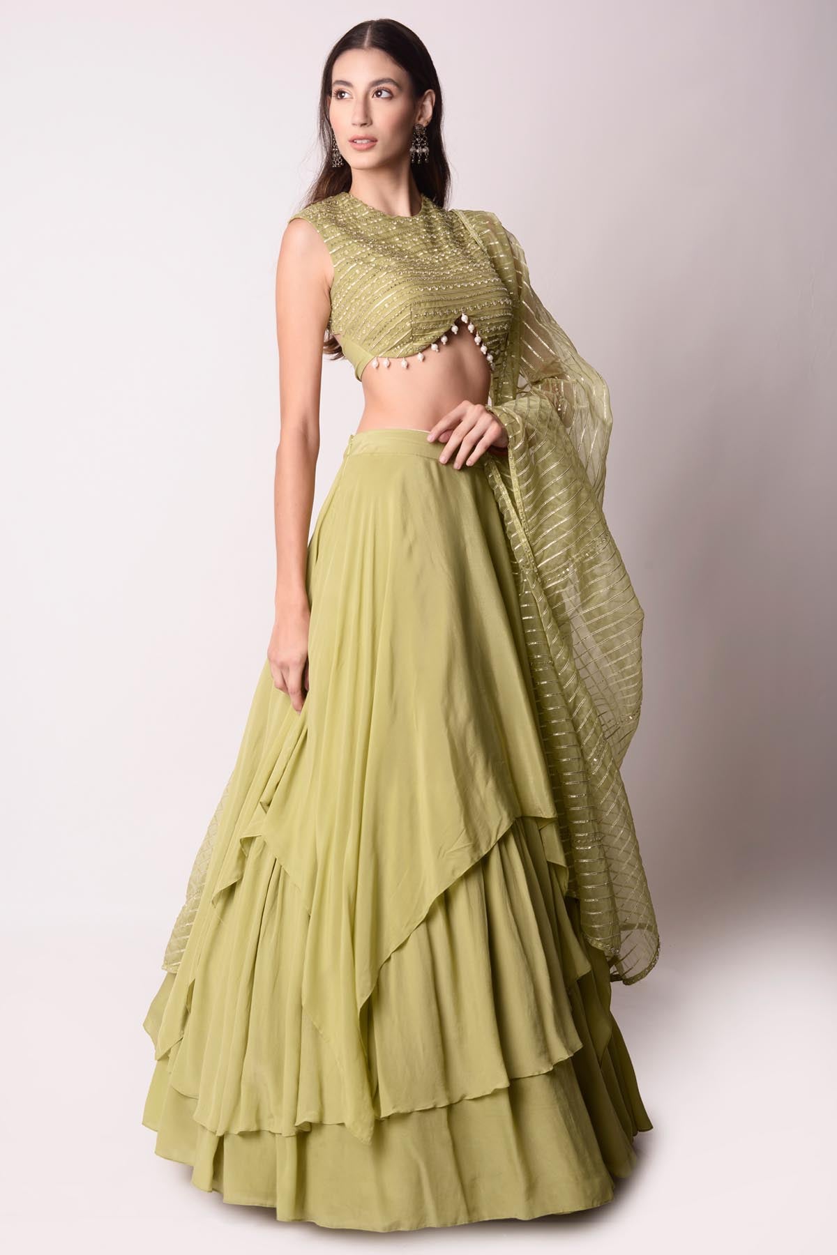 Asymmetric Green Lehenga Set