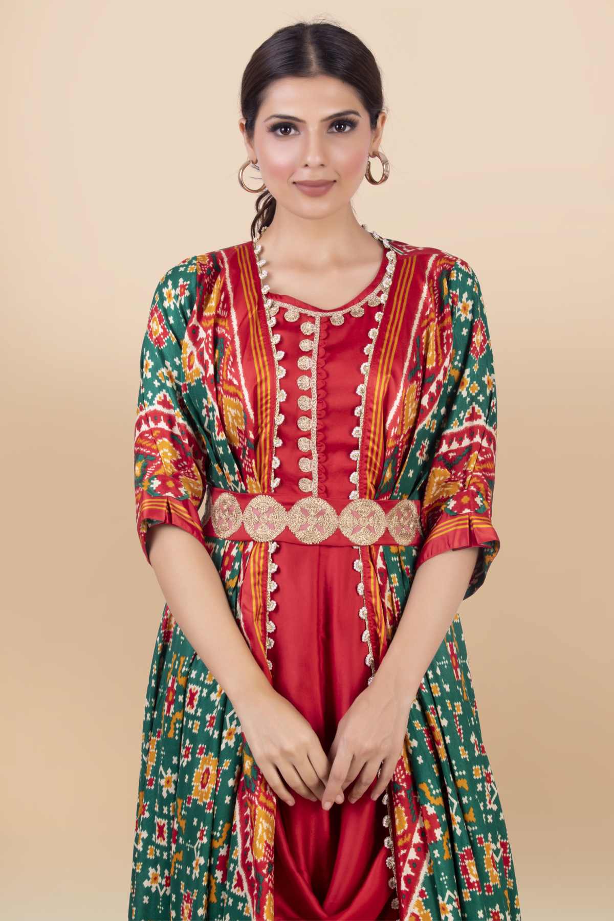 Red Draped Long Dress & Jacket