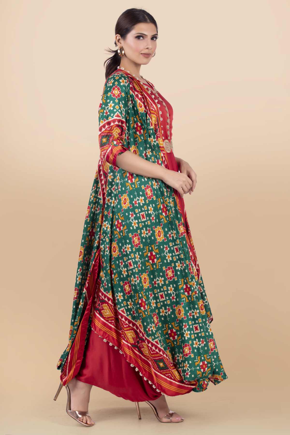 Red Draped Long Dress & Jacket