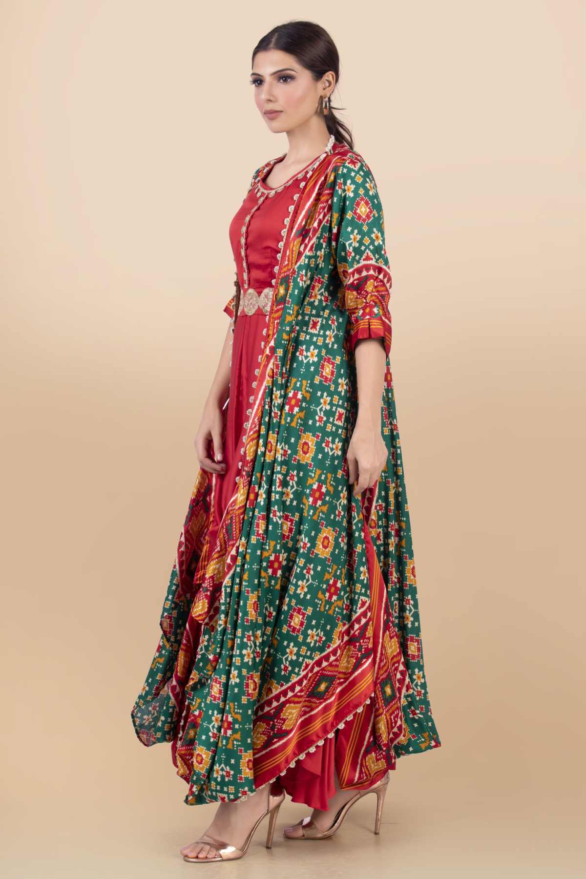 Red Draped Long Dress & Jacket