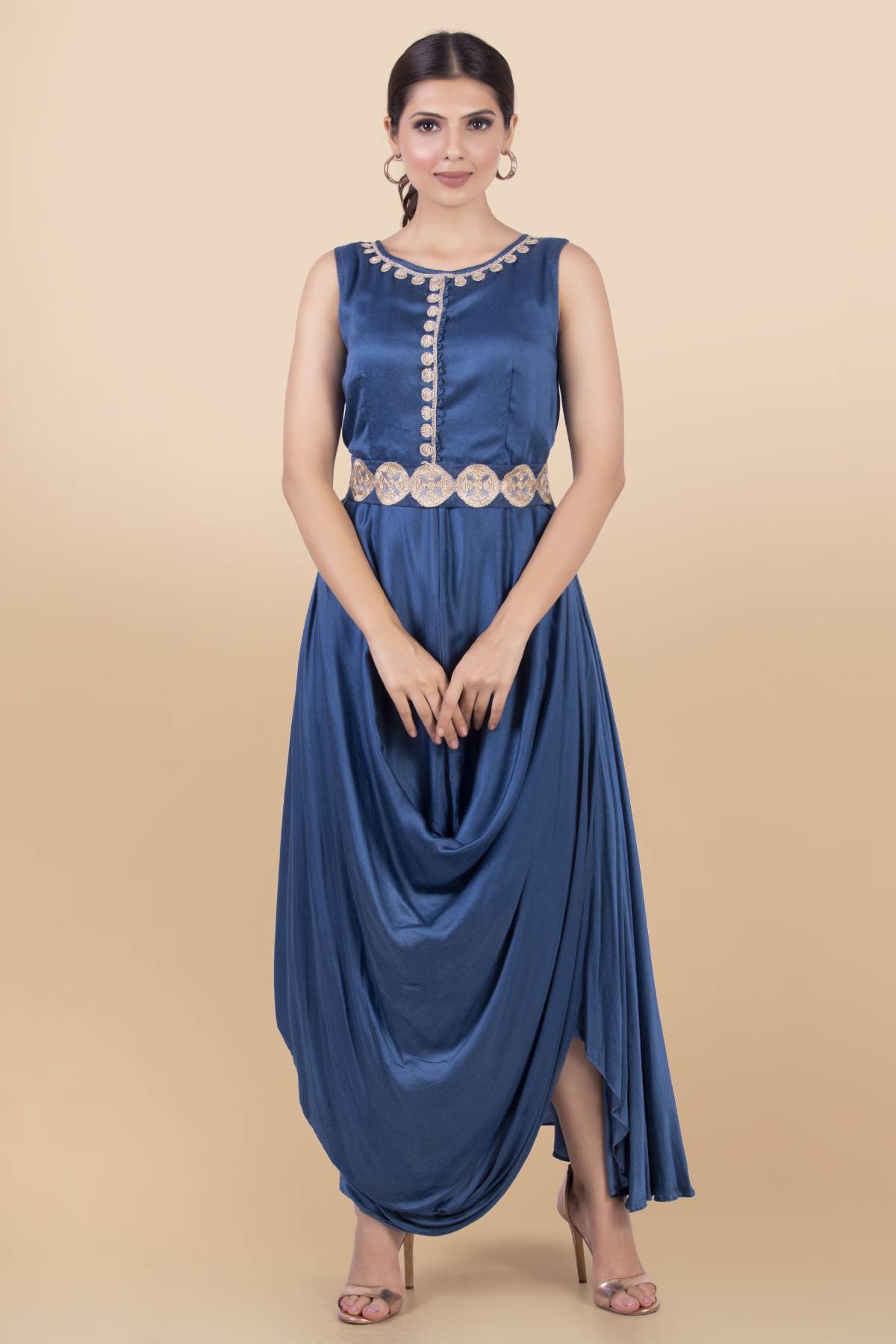 Blue Long Draped Dress & Jacket