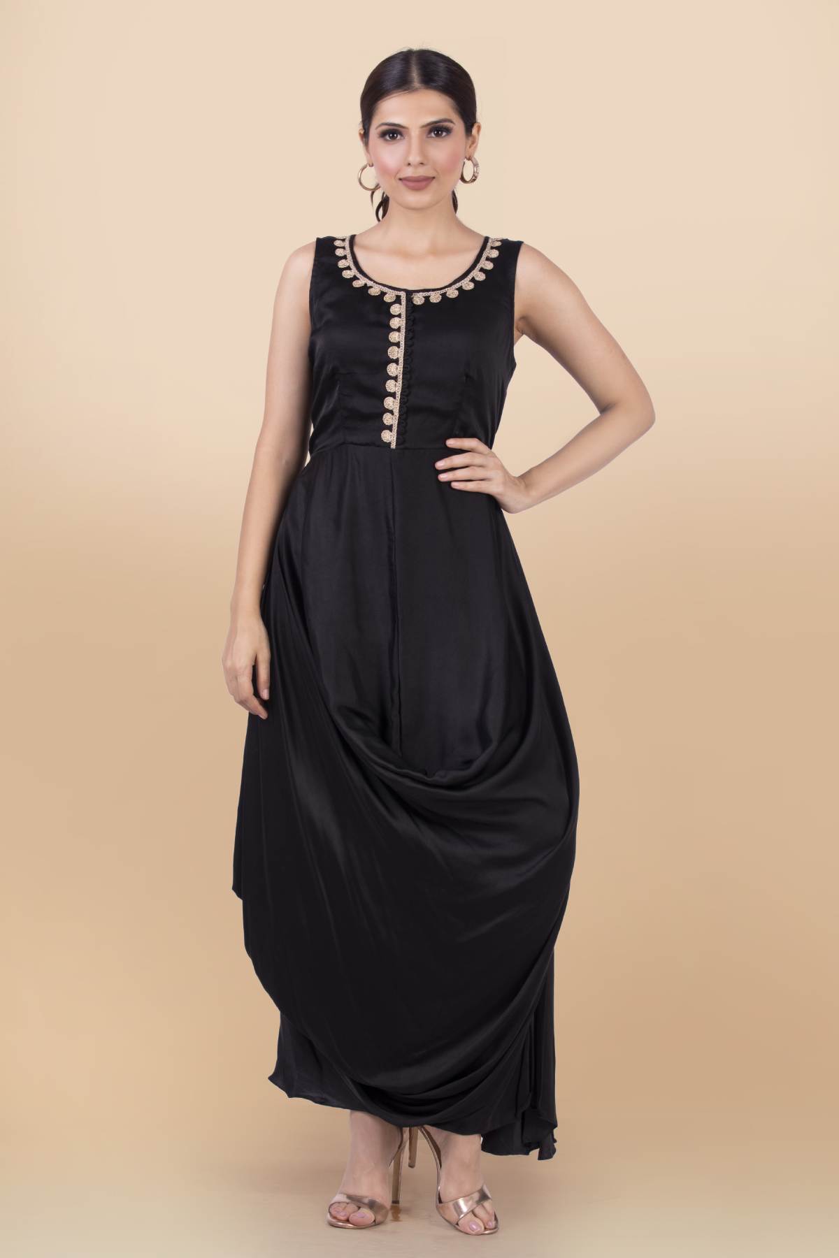 Black Lace Detail Draped Dress