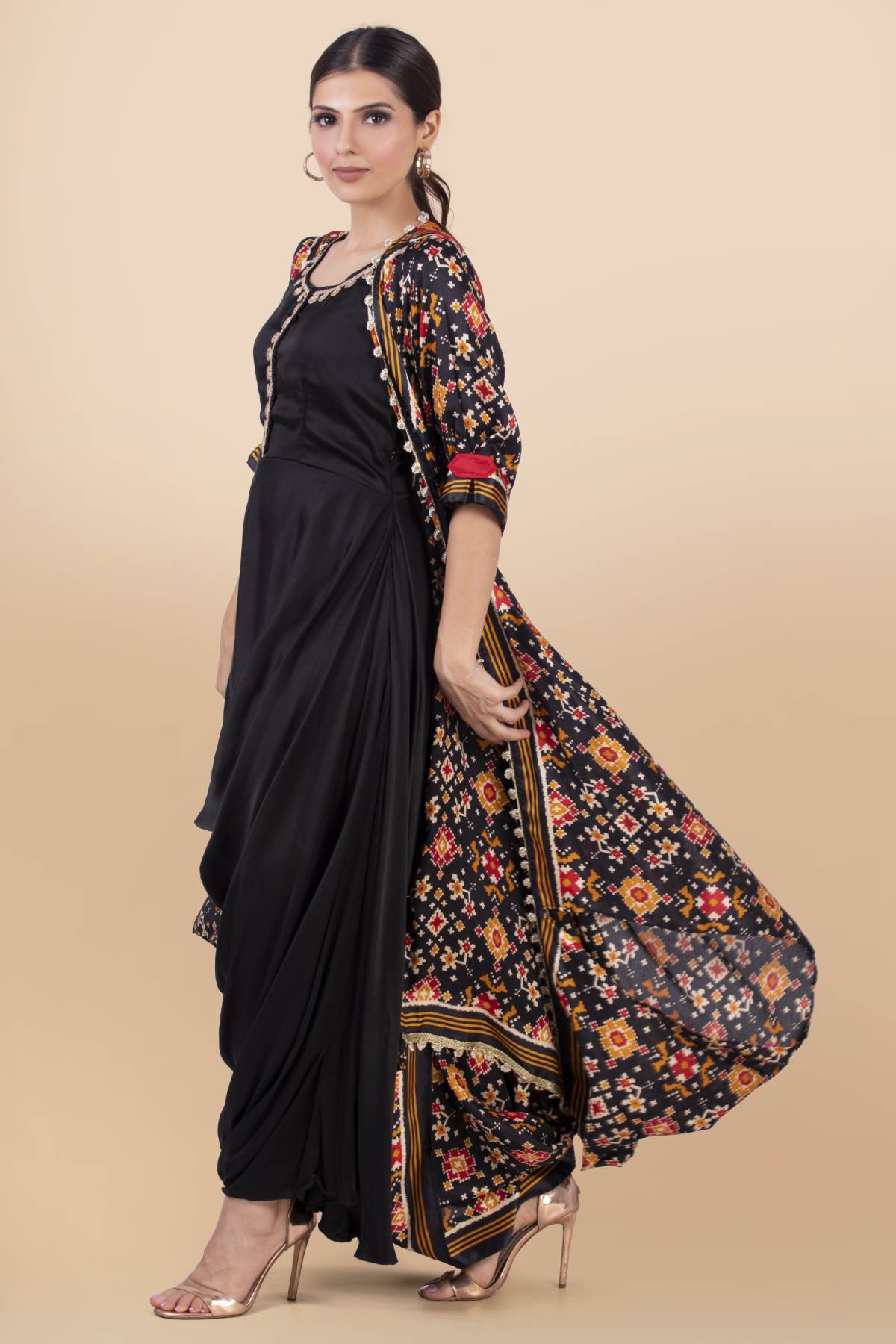 Black Lace Detail Draped Dress