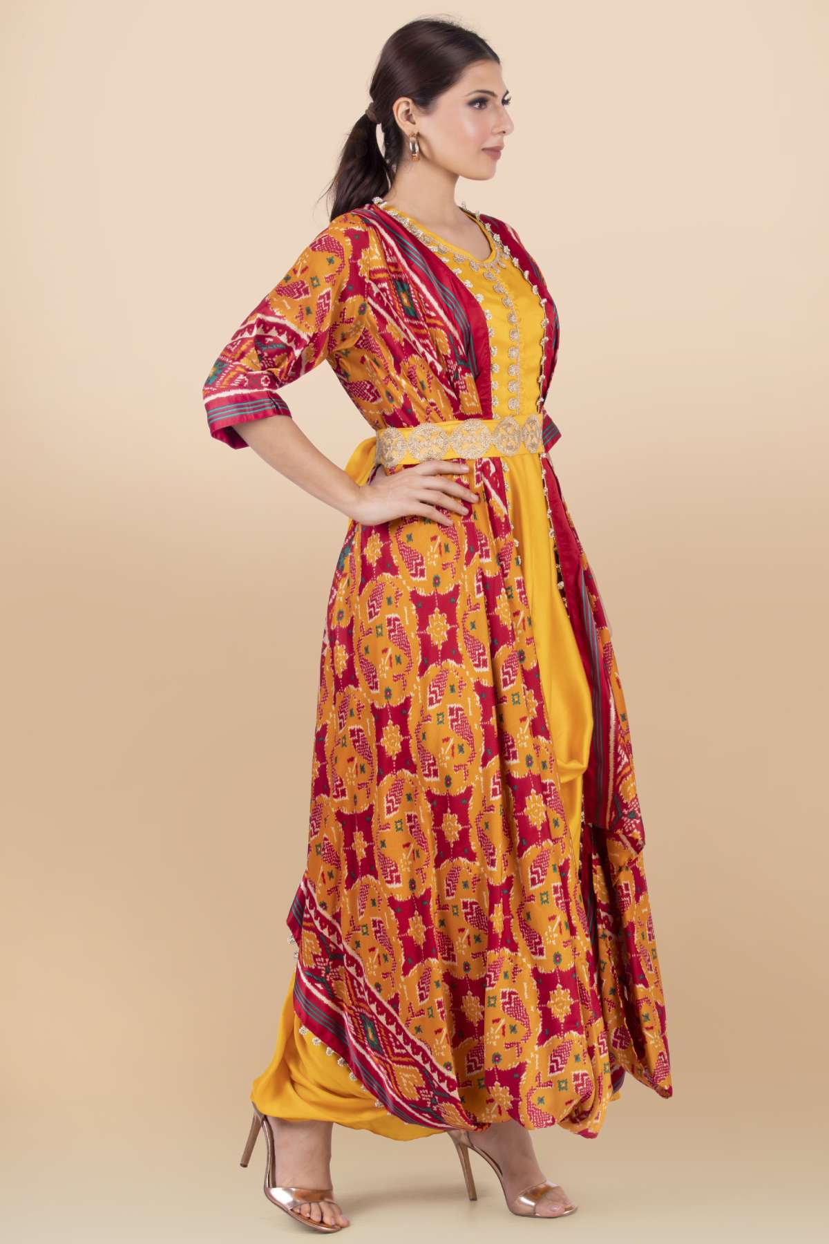 Yellow Lace Detail Draped Dress