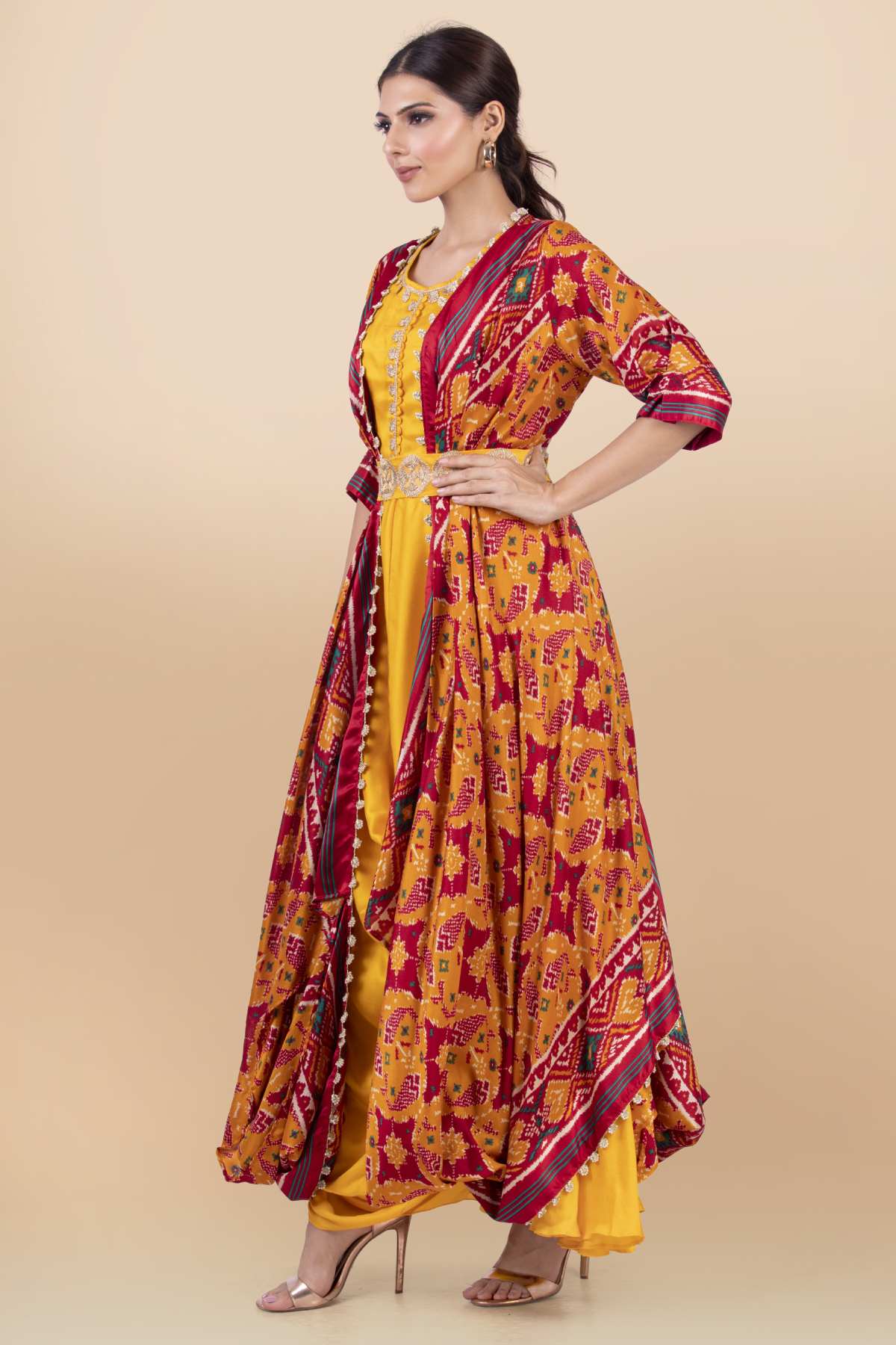 Yellow Lace Detail Draped Dress