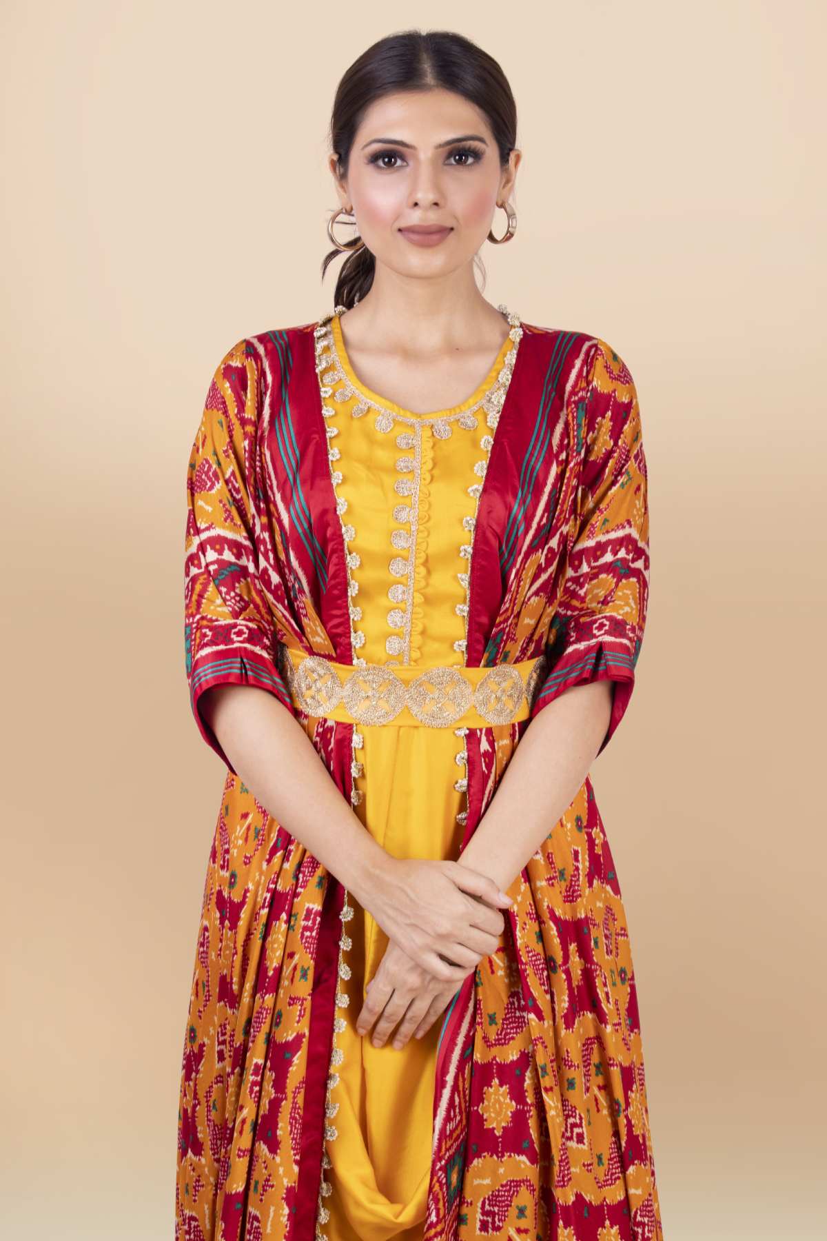 Yellow Lace Detail Draped Dress