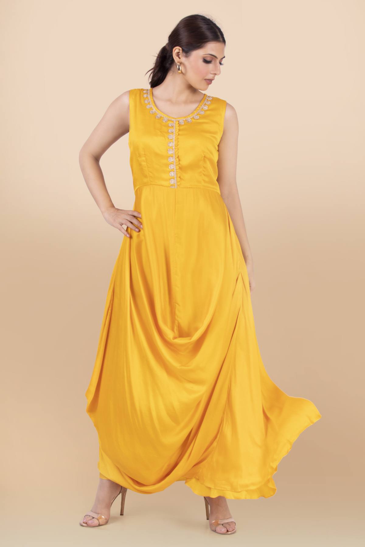 Yellow Lace Detail Draped Dress