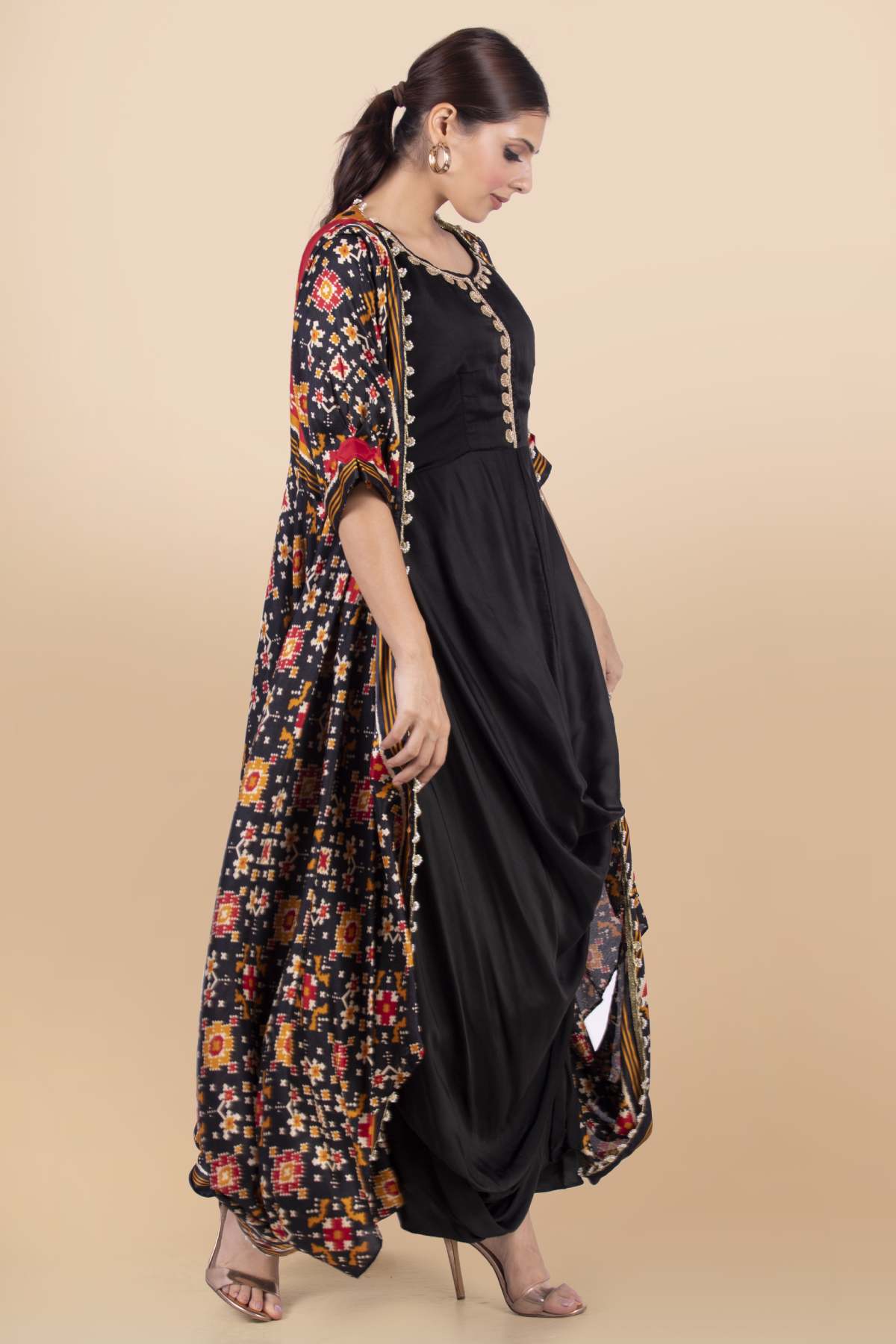 Black Lace Detail Draped Dress