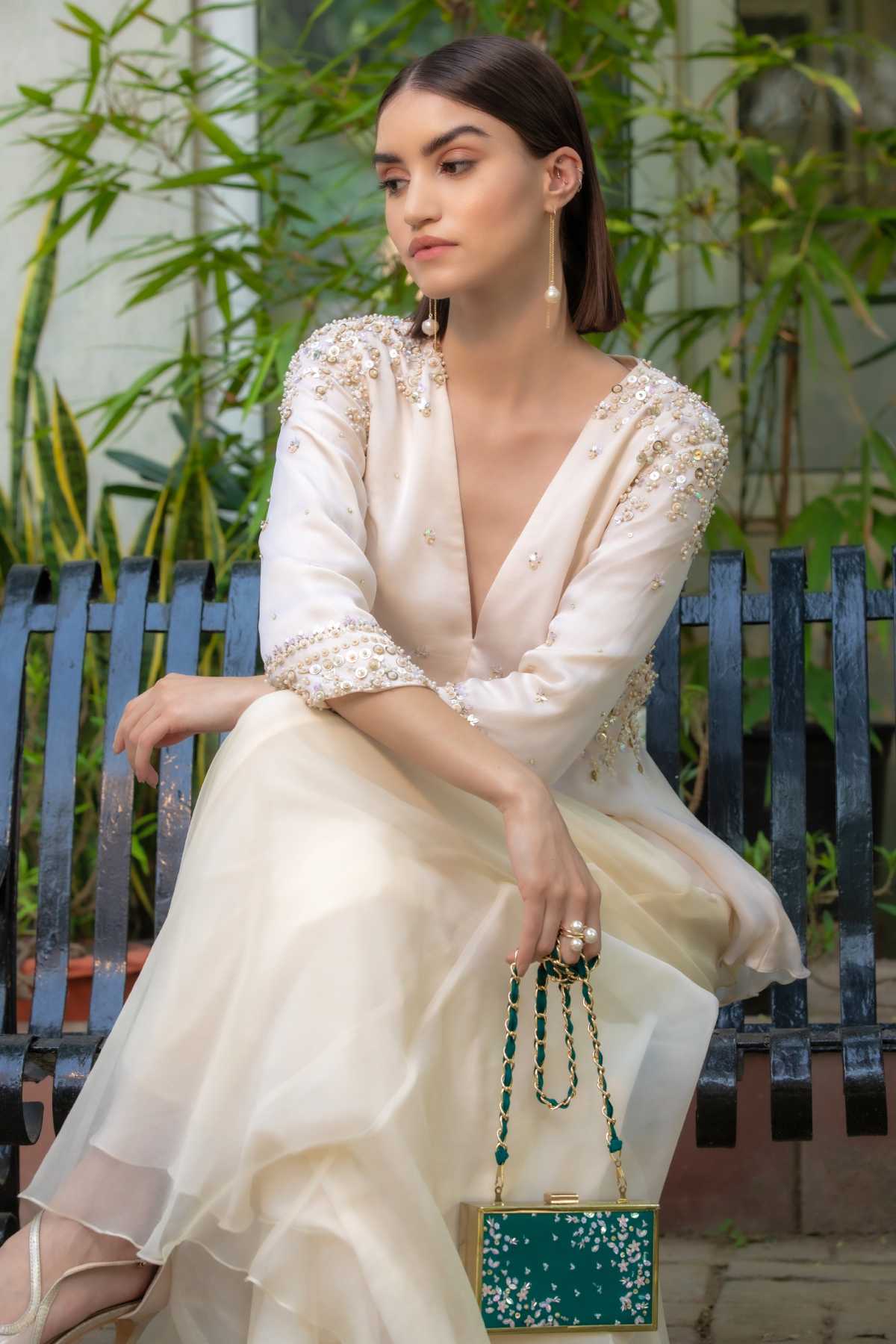 Green Beaded Embroidered Clutch