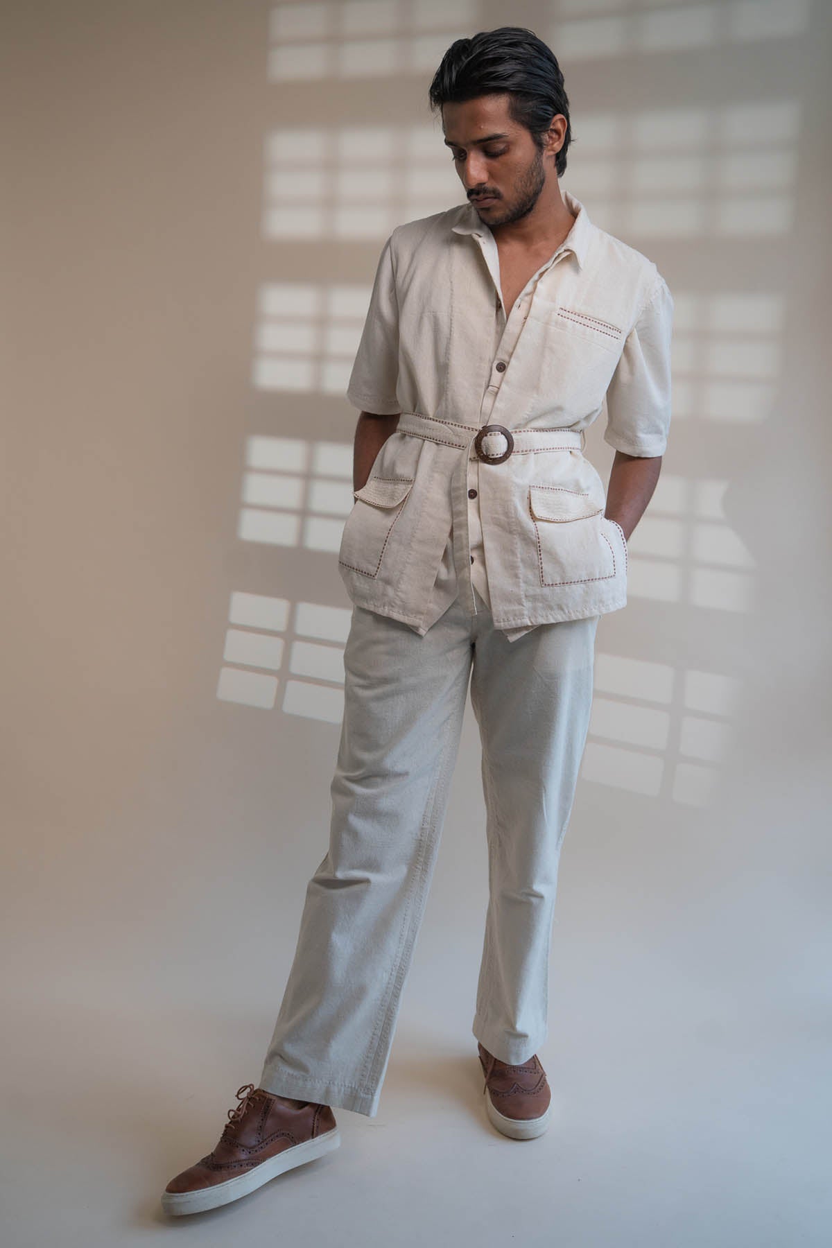 Cotton Belted Jacket Vest Set