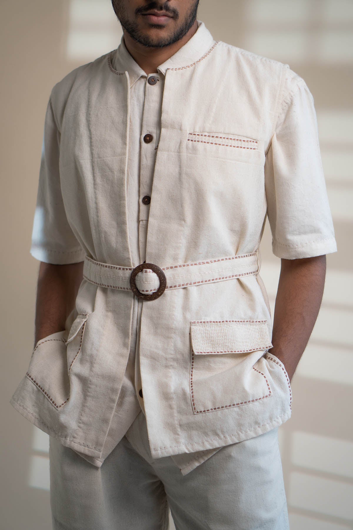 Cotton Belted Jacket Vest Set