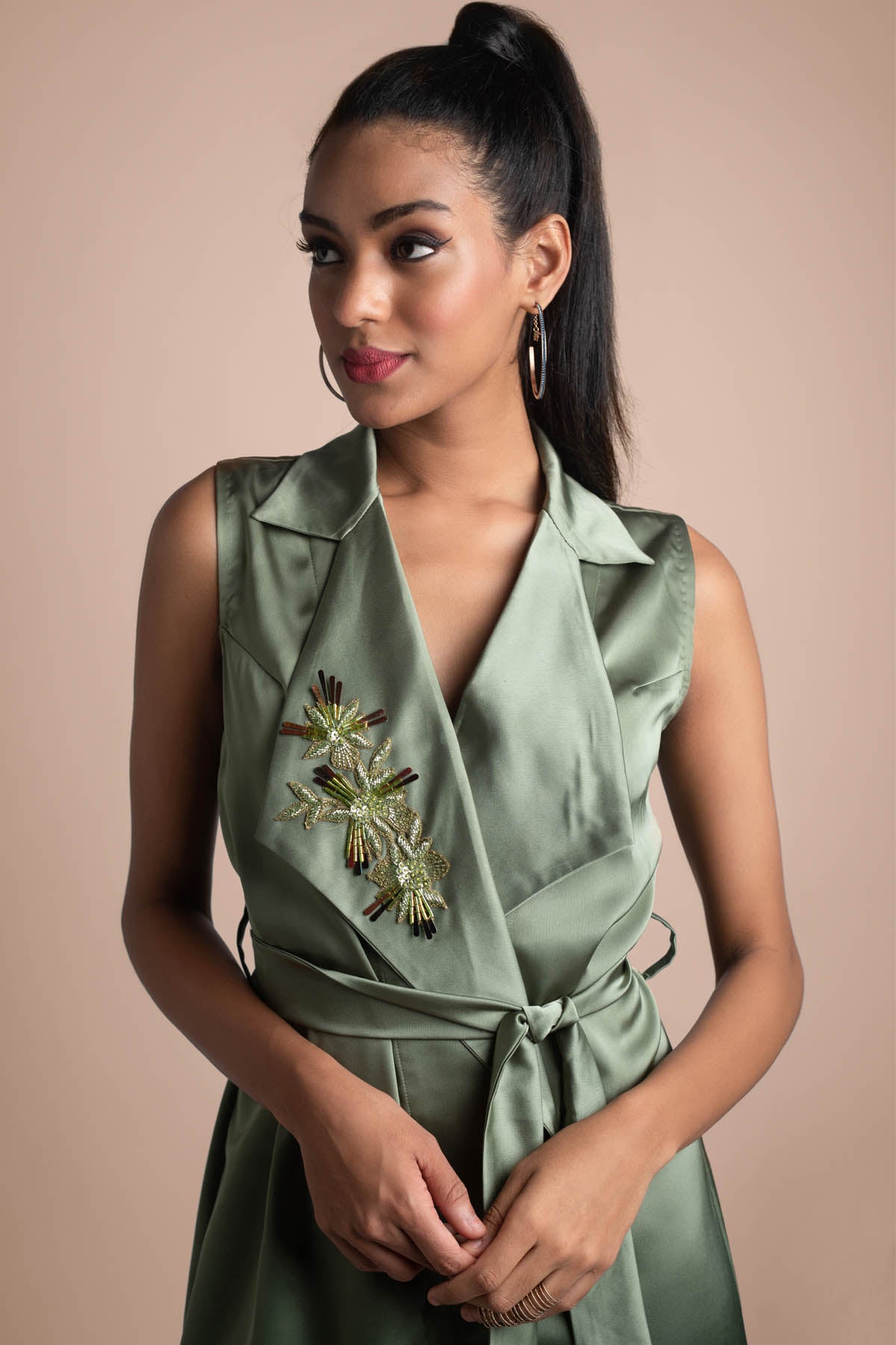 Green Embellished Trench Dress