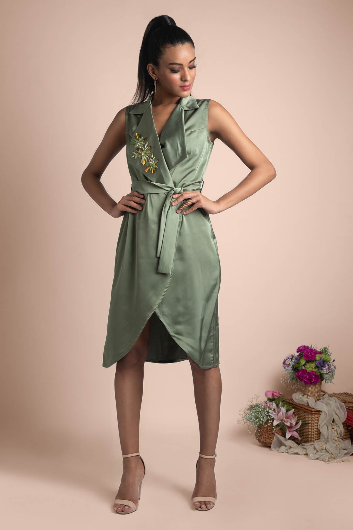 Green Embellished Trench Dress