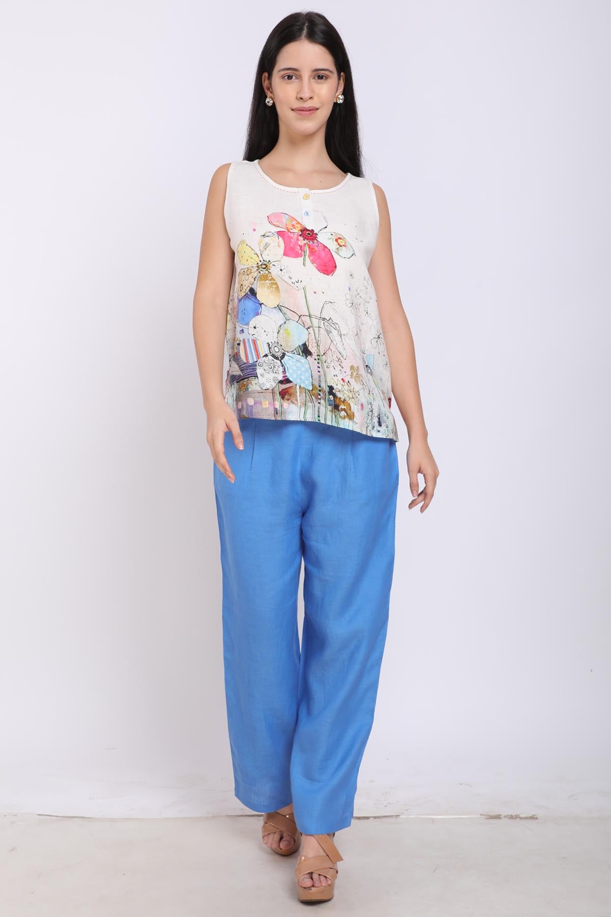 Blue 100% Linen Drawstring Pants