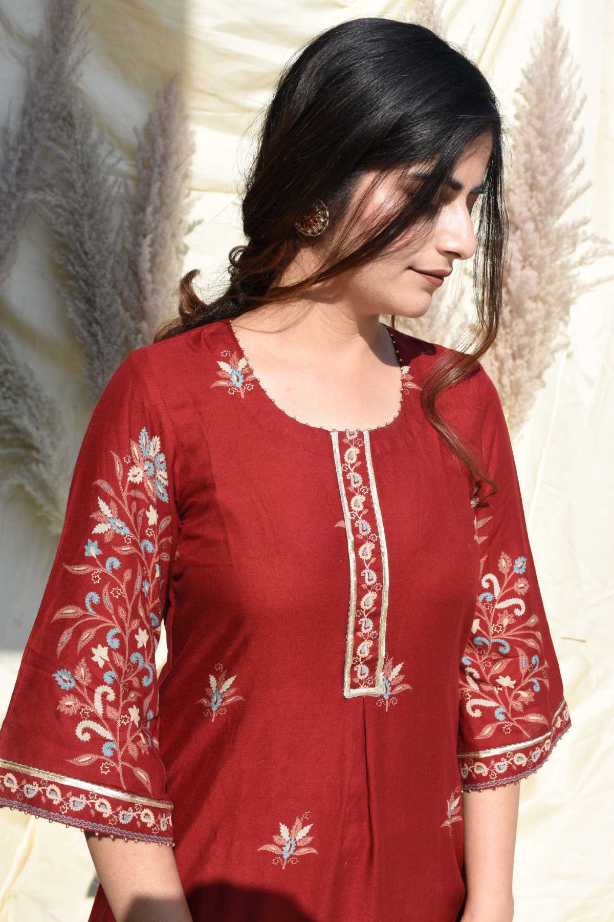 Maroon Box Pleated Kurta Set