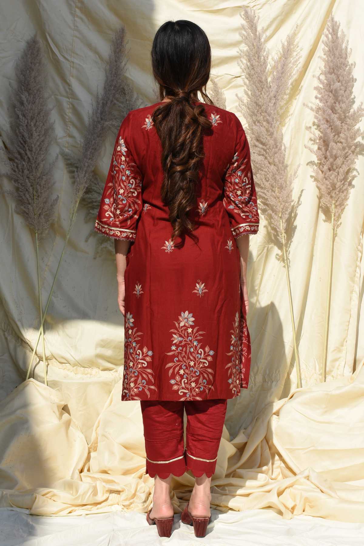 Maroon Box Pleated Kurta Set