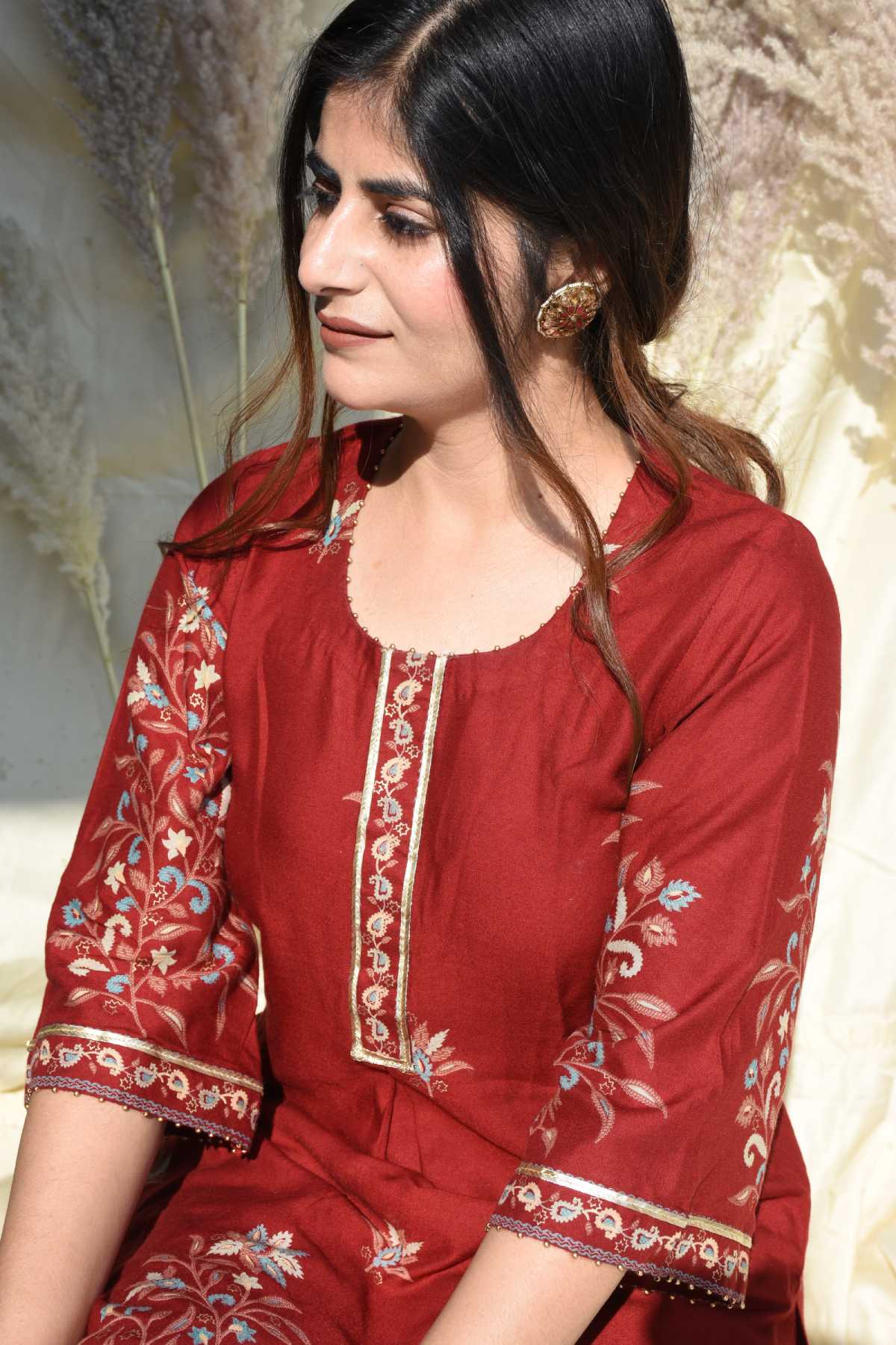 Maroon Box Pleated Kurta Set