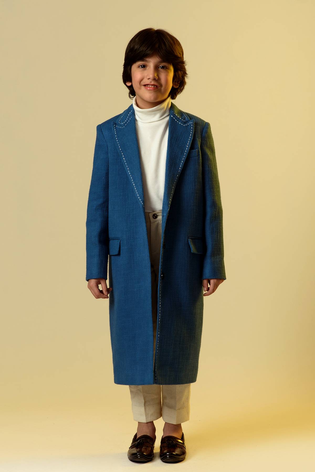 Buy Kids Designer Littleens Straight cut boyfriend fit jacket with structured weave, running stitches and three button fastenings Online at ScrollnShops