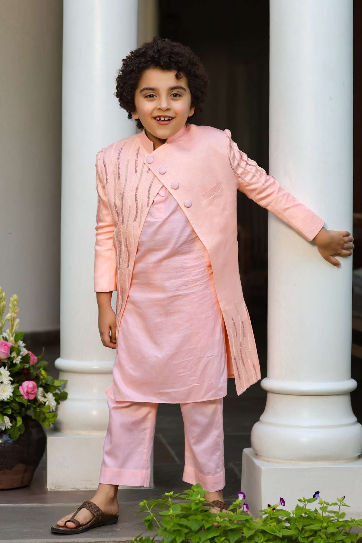 Buy Kids Designer Littleens Brushstroke embroidered overlapping jacket with kurta and trousers Online at ScrollnShops