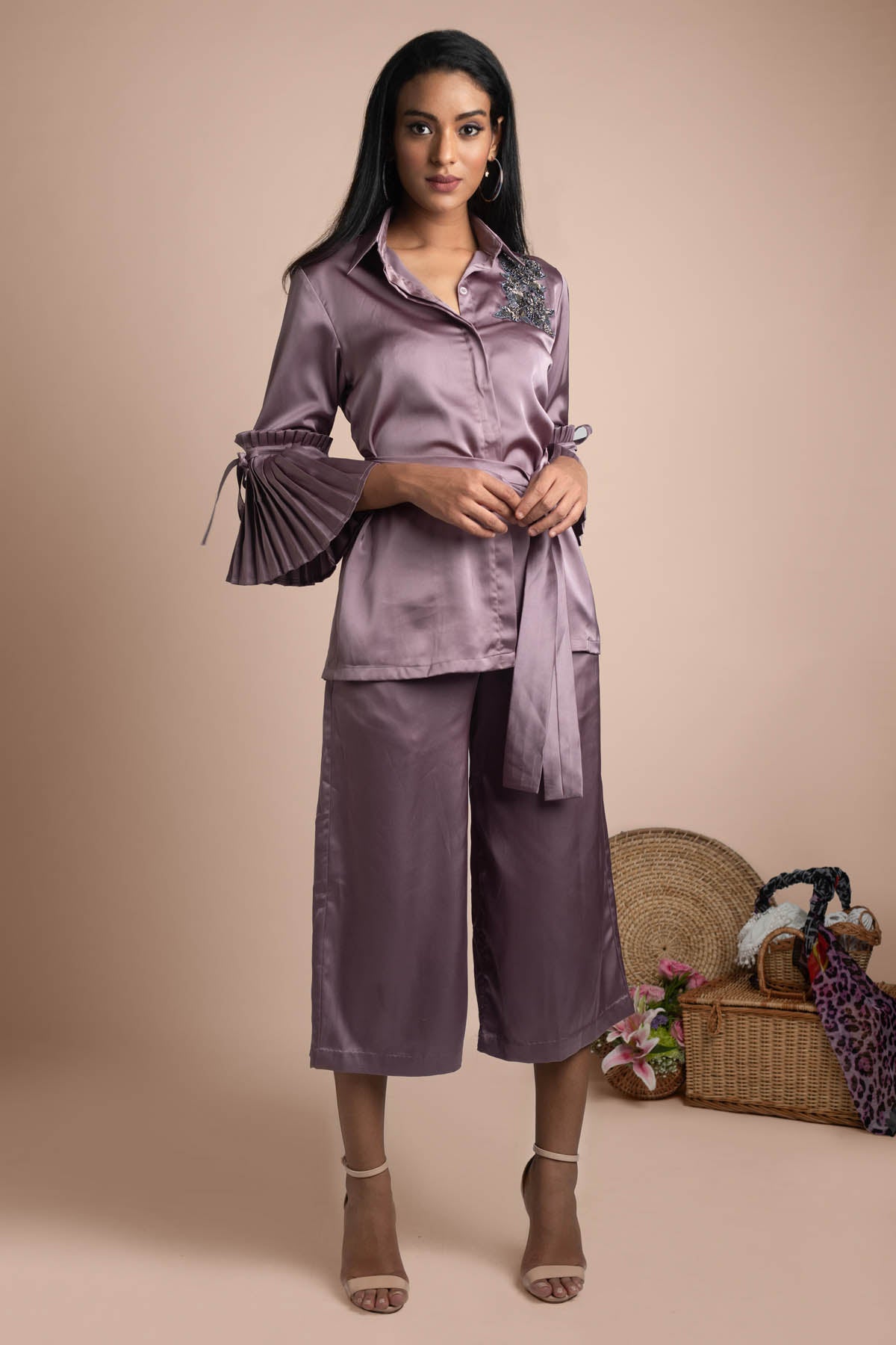 Lilac Pleated Sleeves Shirt