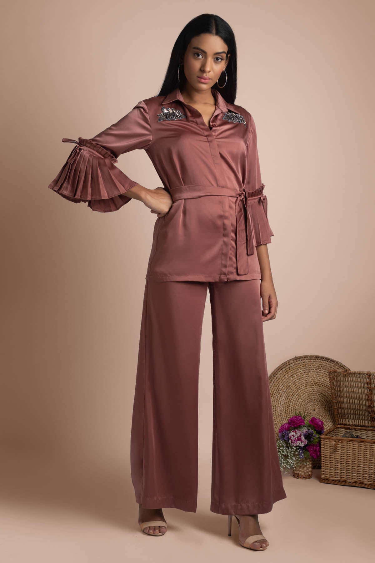 Rose Pink Pleated Sleeves Shirt