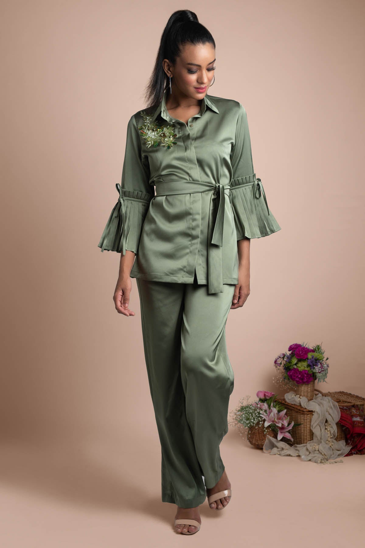Sage Green Pleated Sleeves Shirt