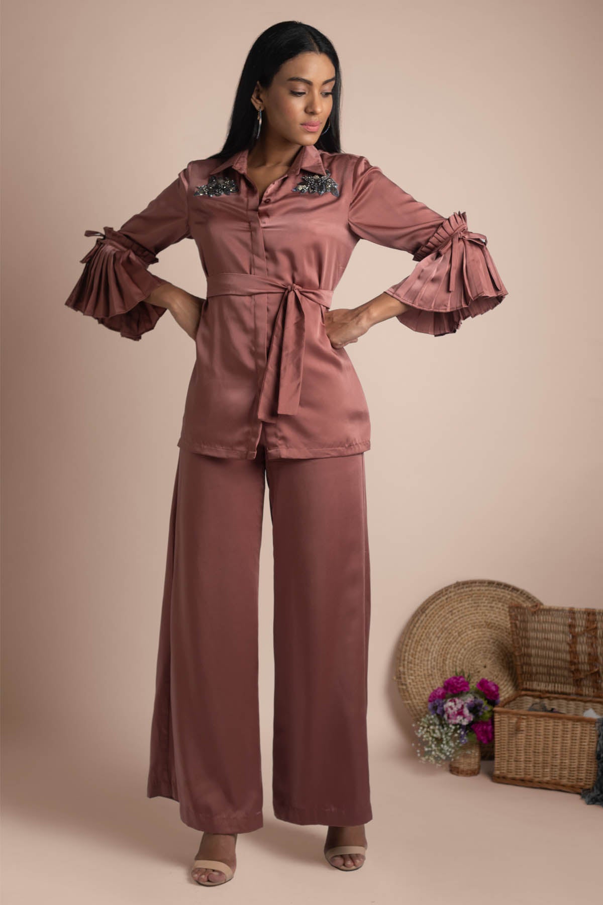 Rose Pink Pleated Sleeves Shirt