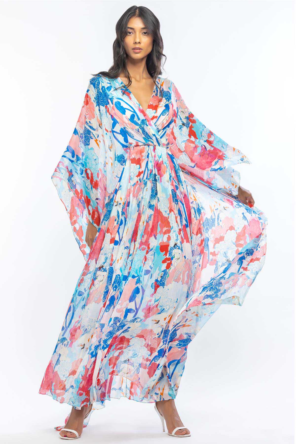 Buy Chiffon Pleated Belted Kaftan by Mandira Wirk