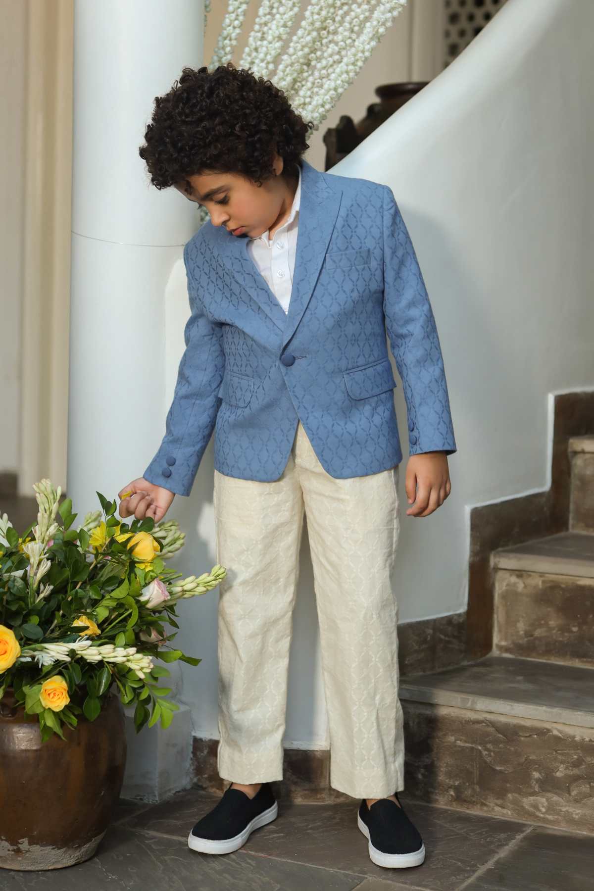 Buy Kids Designer Littleens Intricate woven textured jacket with pocket flaps paired with trousers Online at ScrollnShops