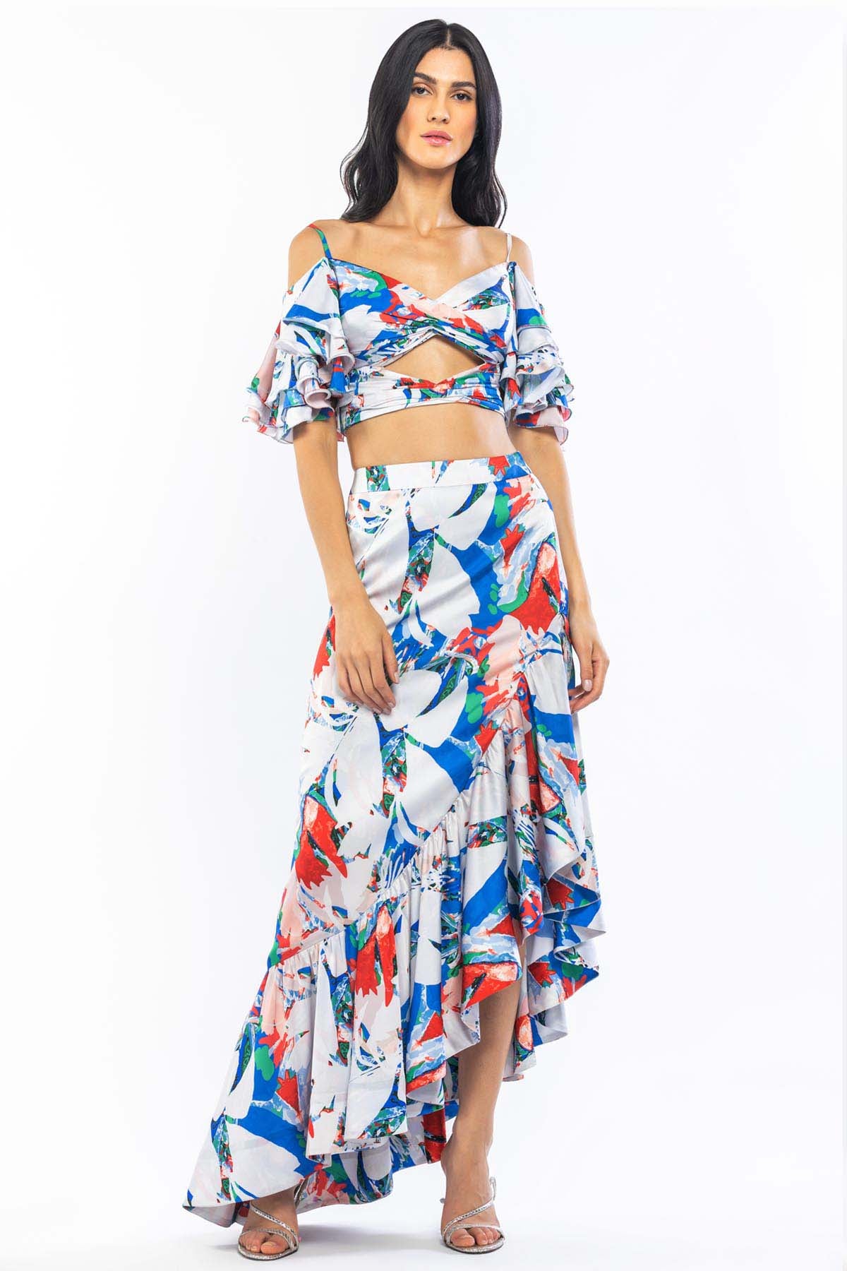 Buy Cold Shoulder Abstract Skirt Set by Mandira Wirk