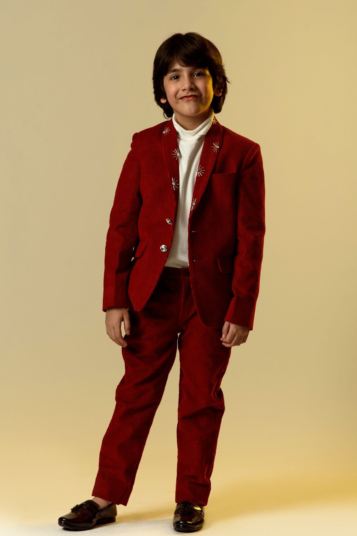 Buy Kids Designer Littleens Coordinated blazer and trouser suit with gently padded shoulder blazer with embellished lapel paired with trousers Online at ScrollnShops