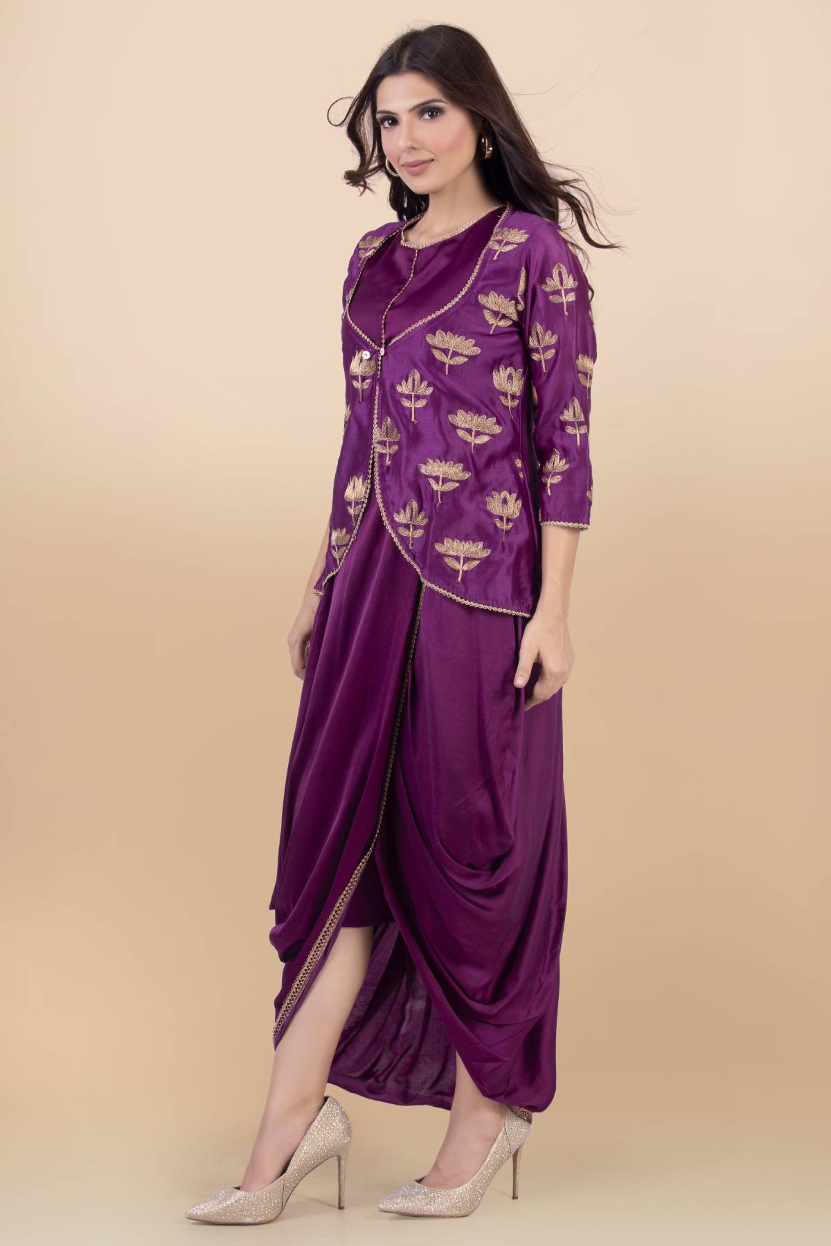 Purple Long Cowl Draped Dress