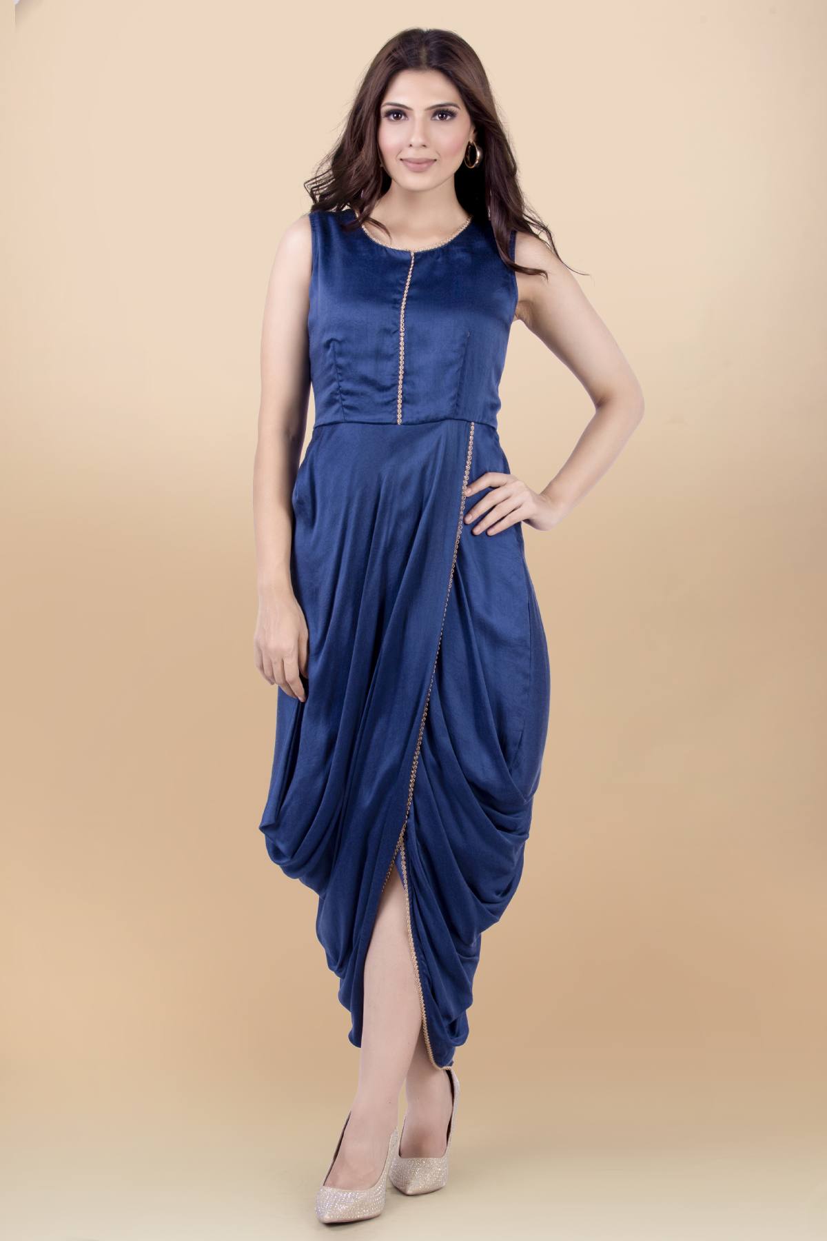 Blue Cowl Draped Dress & Jacket