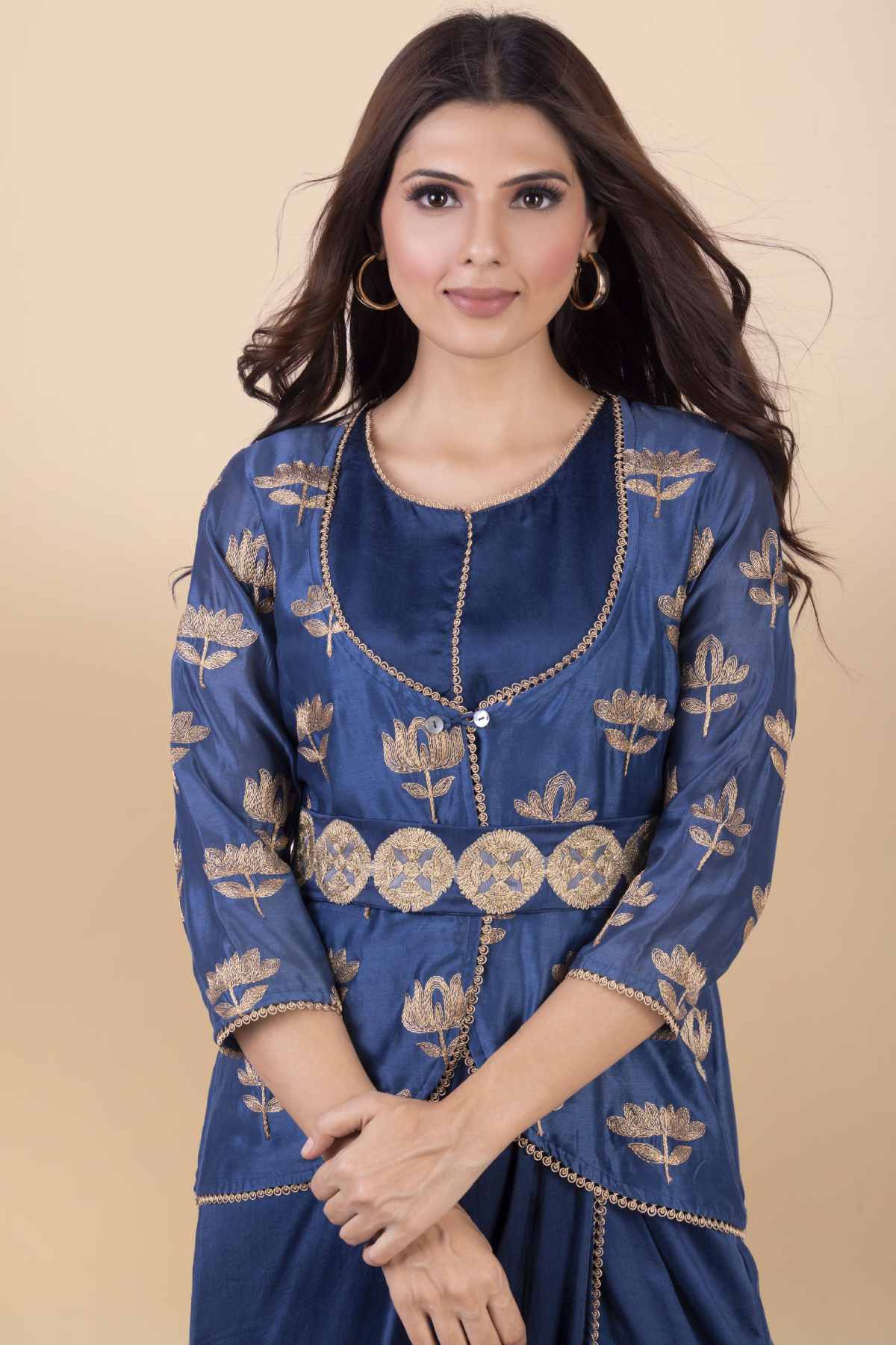 Blue Cowl Draped Dress & Jacket