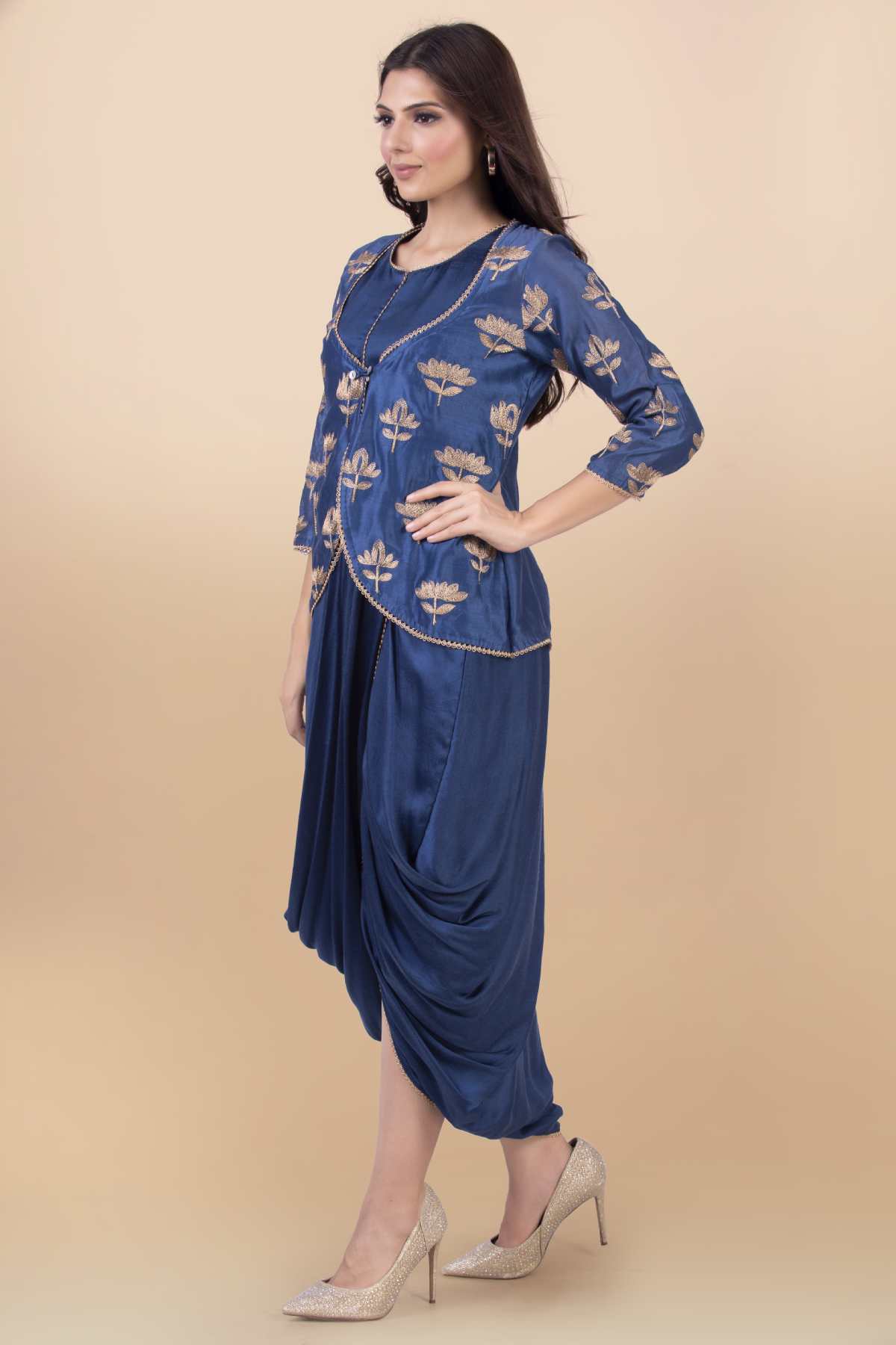 Blue Cowl Draped Dress & Jacket