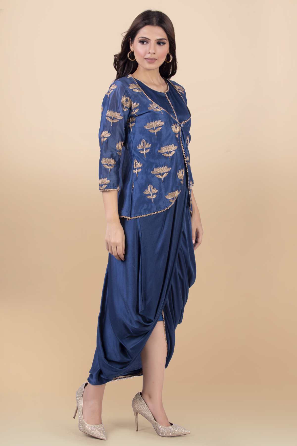 Blue Cowl Draped Dress & Jacket