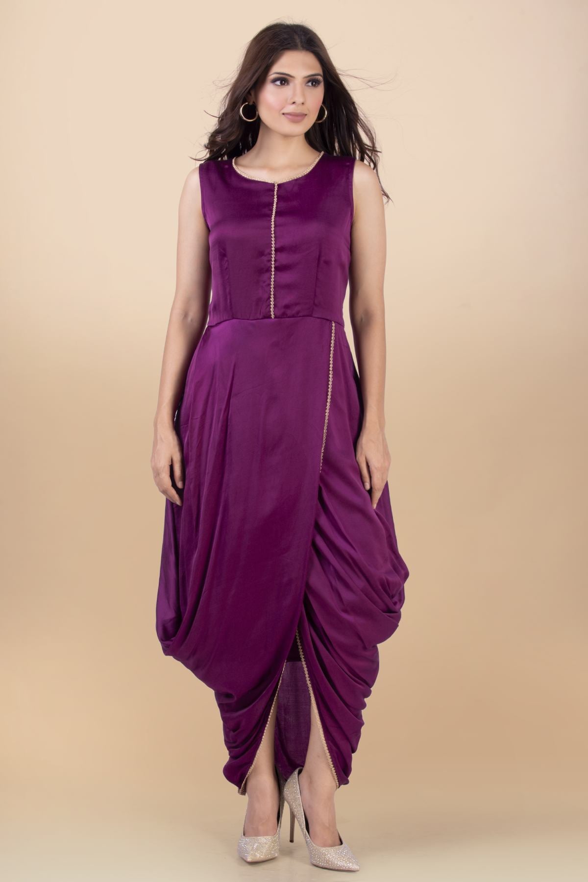 Purple Long Cowl Draped Dress