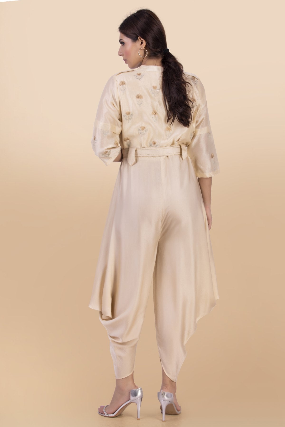 Cream Silk Cowl Draped Jumpsuit