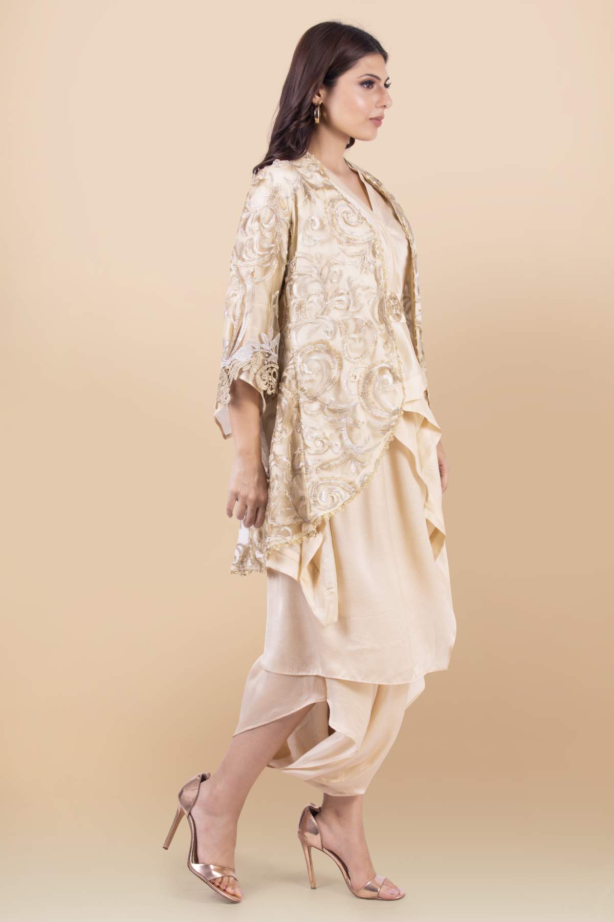 Cream Cutwork Jacket Dhoti Set