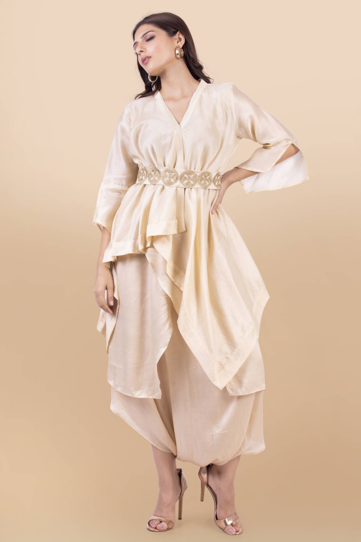 Cream Cutwork Jacket Dhoti Set