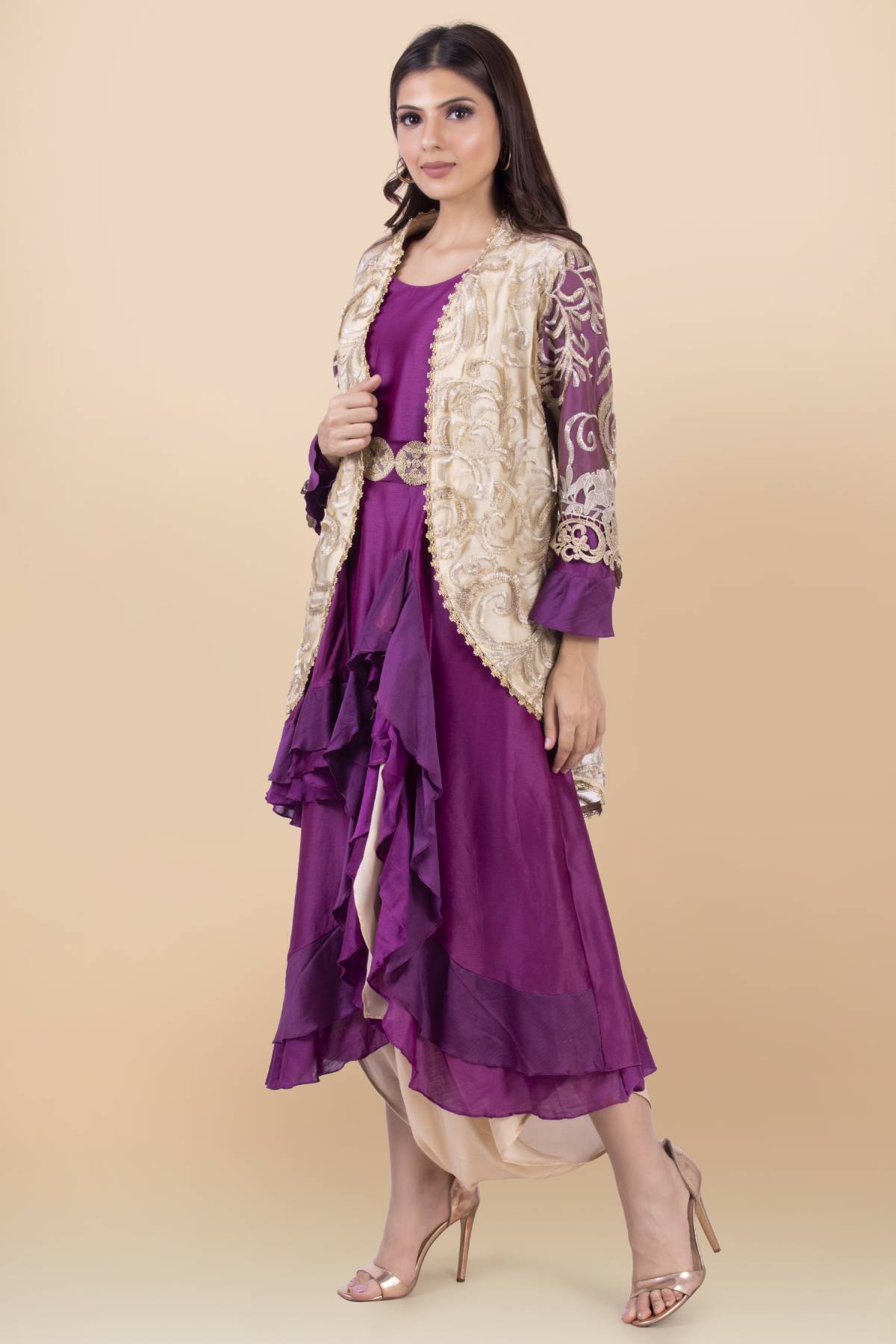 Purple Cutwork Jacket Dhoti Set