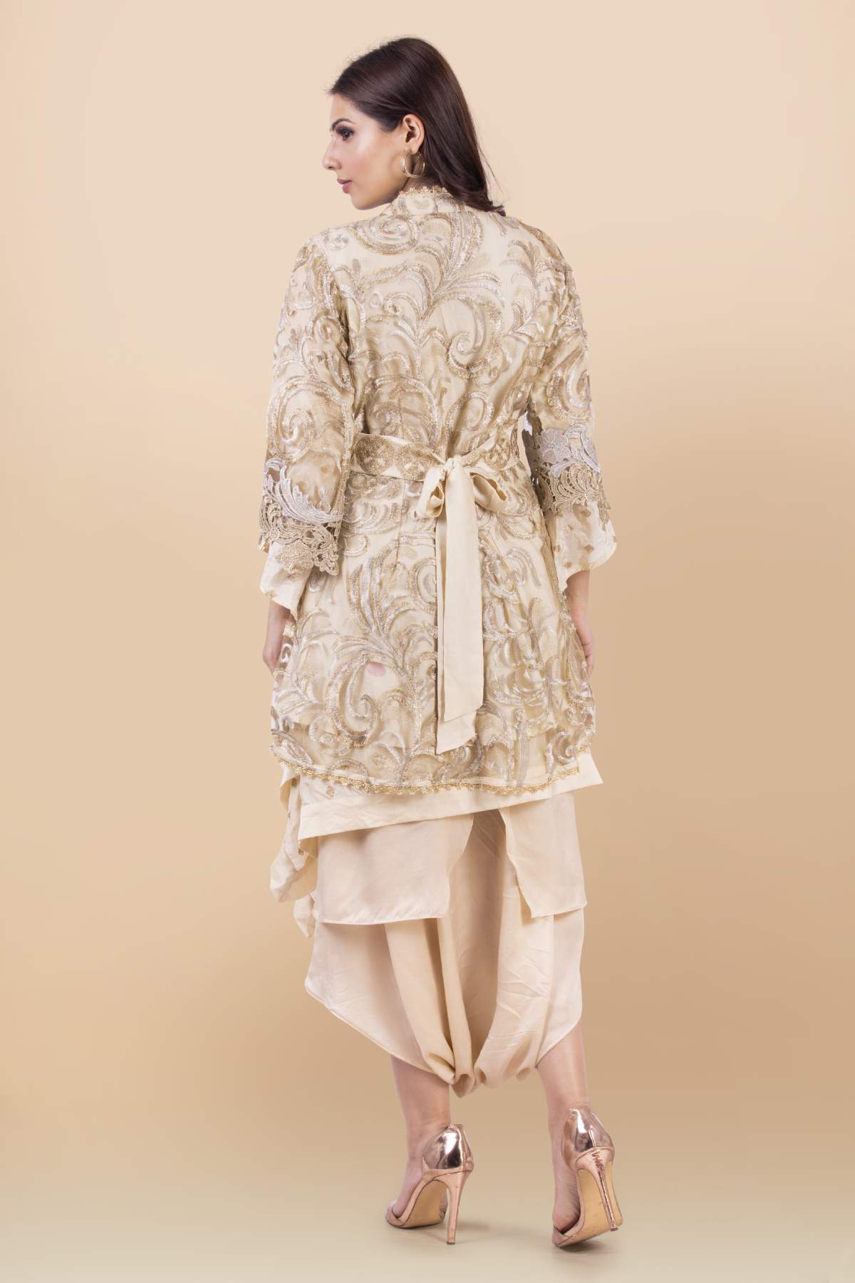 Cream Cutwork Jacket Dhoti Set