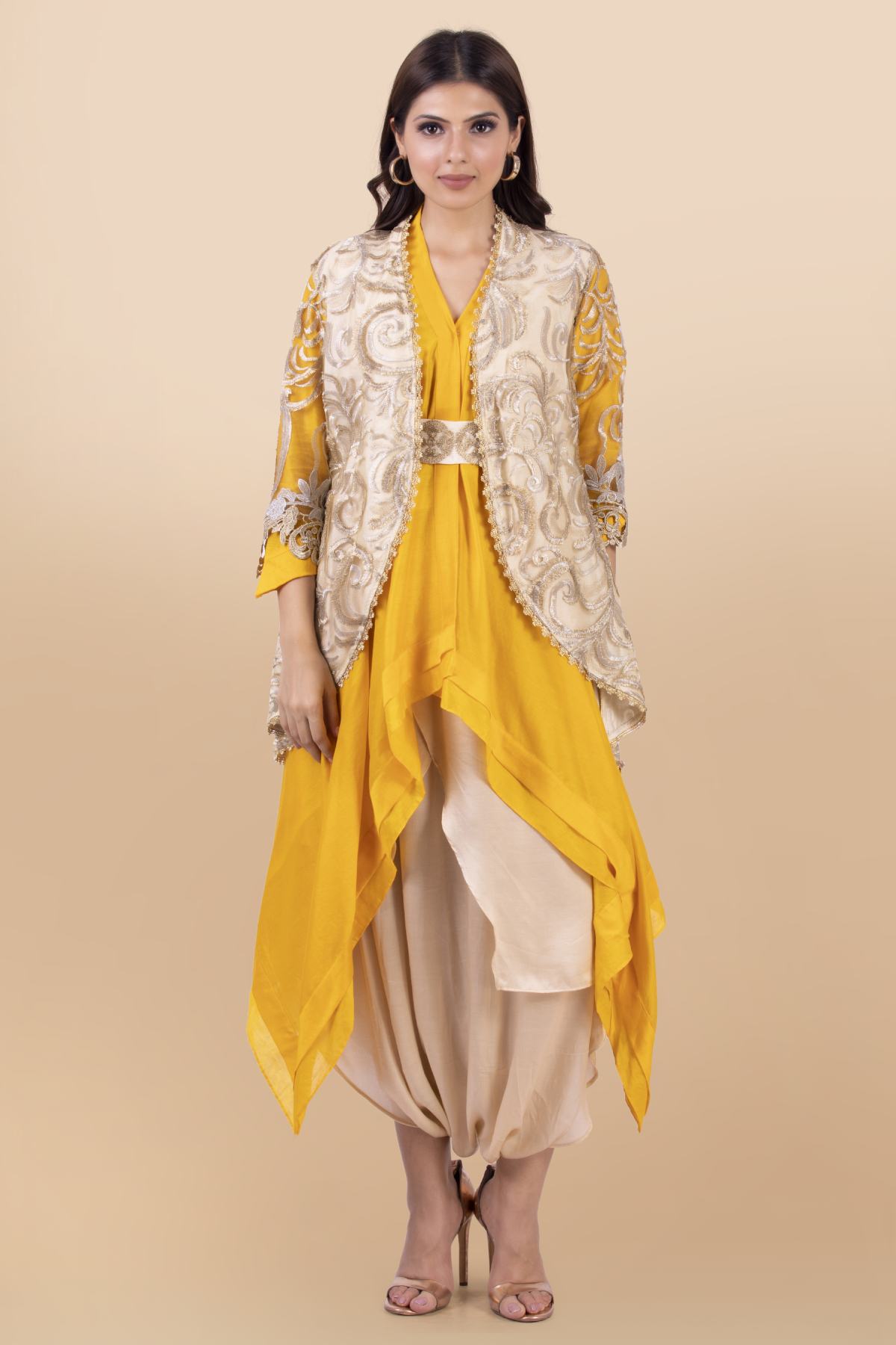 Yellow & Cream Cutwork Dhoti Set
