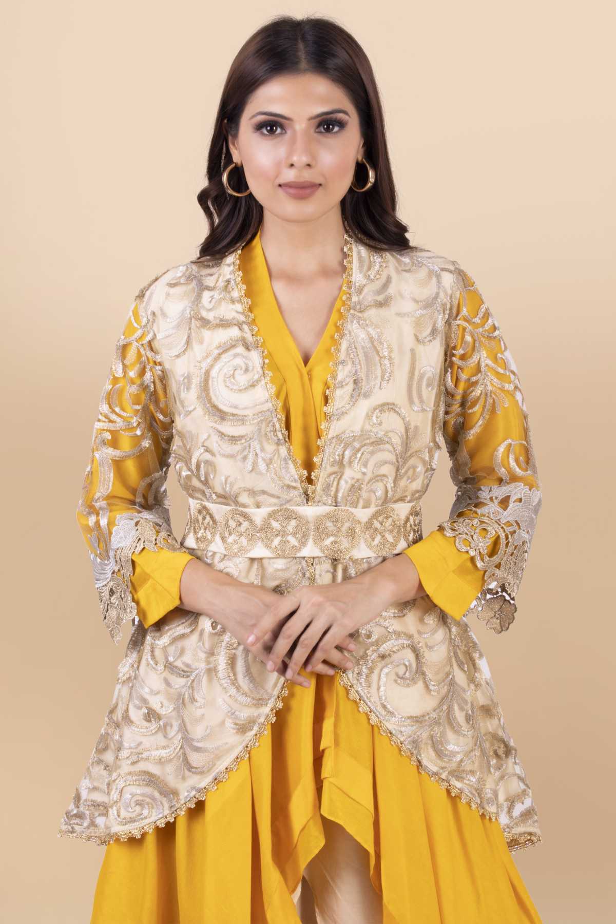 Yellow & Cream Cutwork Dhoti Set