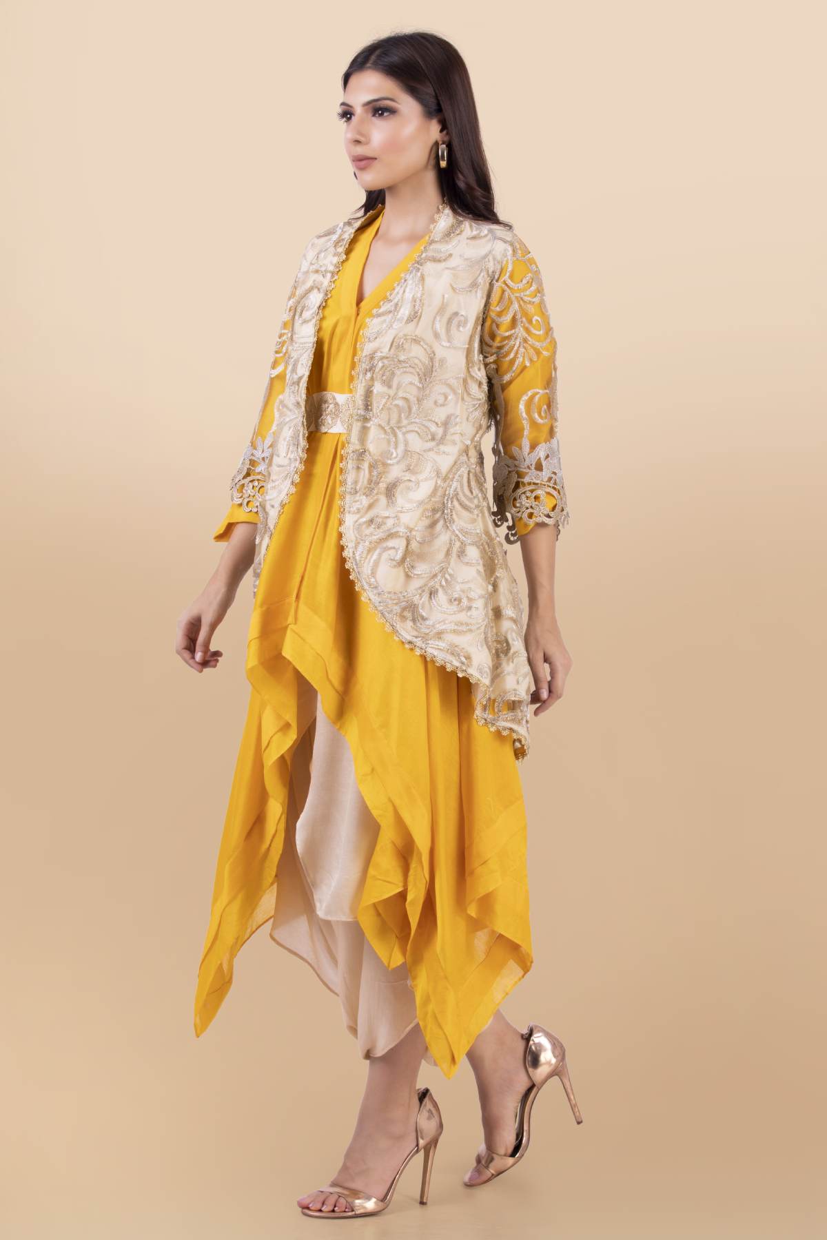 Yellow & Cream Cutwork Dhoti Set