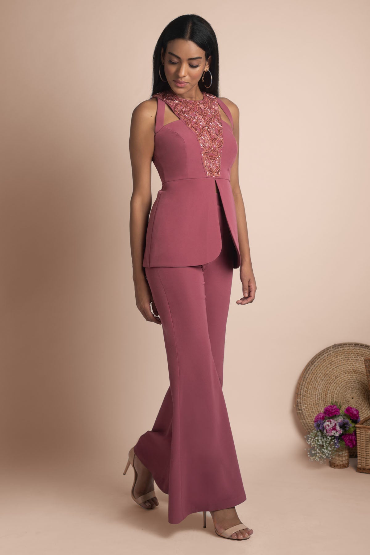 Pink Cutwork Top & Flared Pants