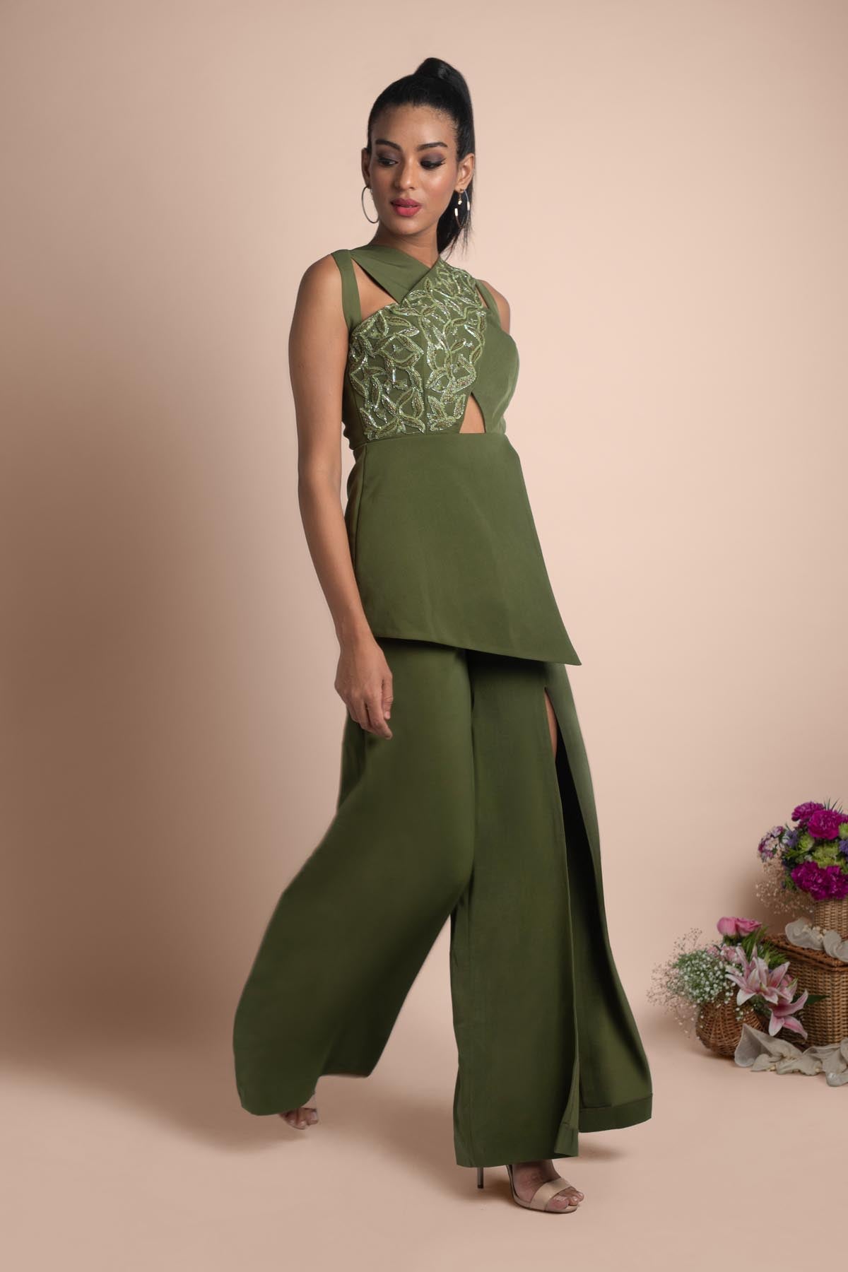 Green Cutwork Top & Flared Pants