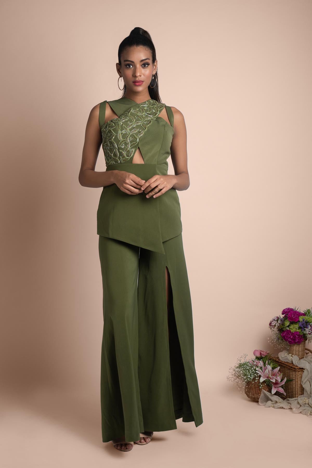 Green Cutwork Top & Flared Pants