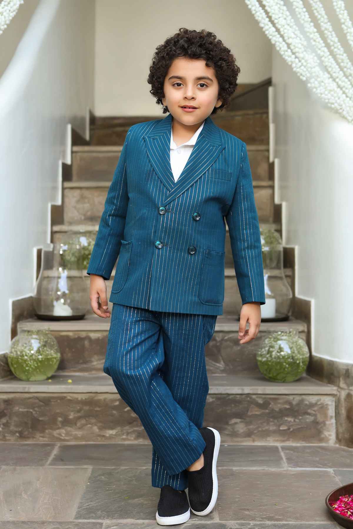 Buy Kids Designer Littleens Double breasted two button jacket with subtle striped pattern and trimmed with corozo button paired with trousers Online at ScrollnShops